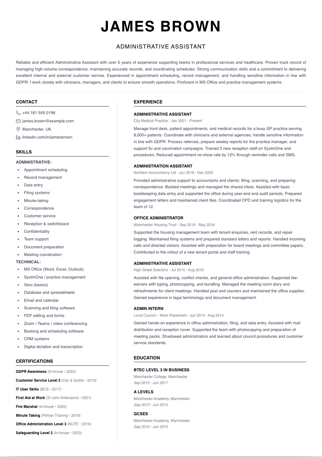administrative assistant cv template