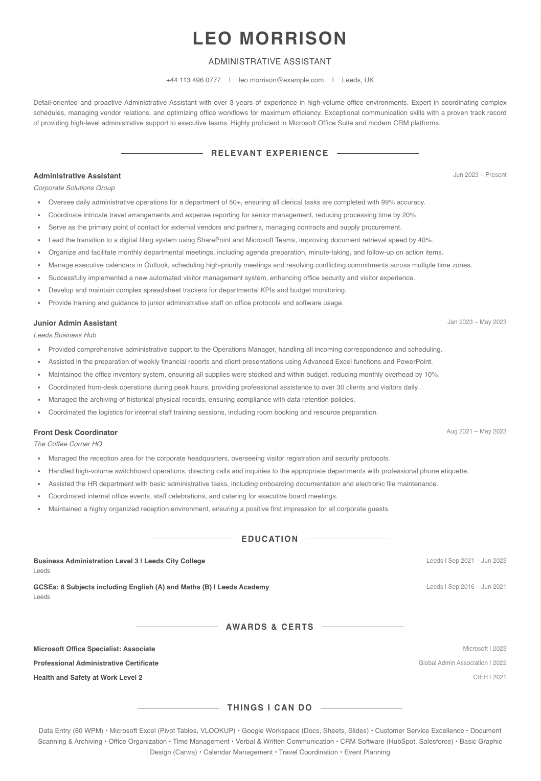 administrative assistant cv template