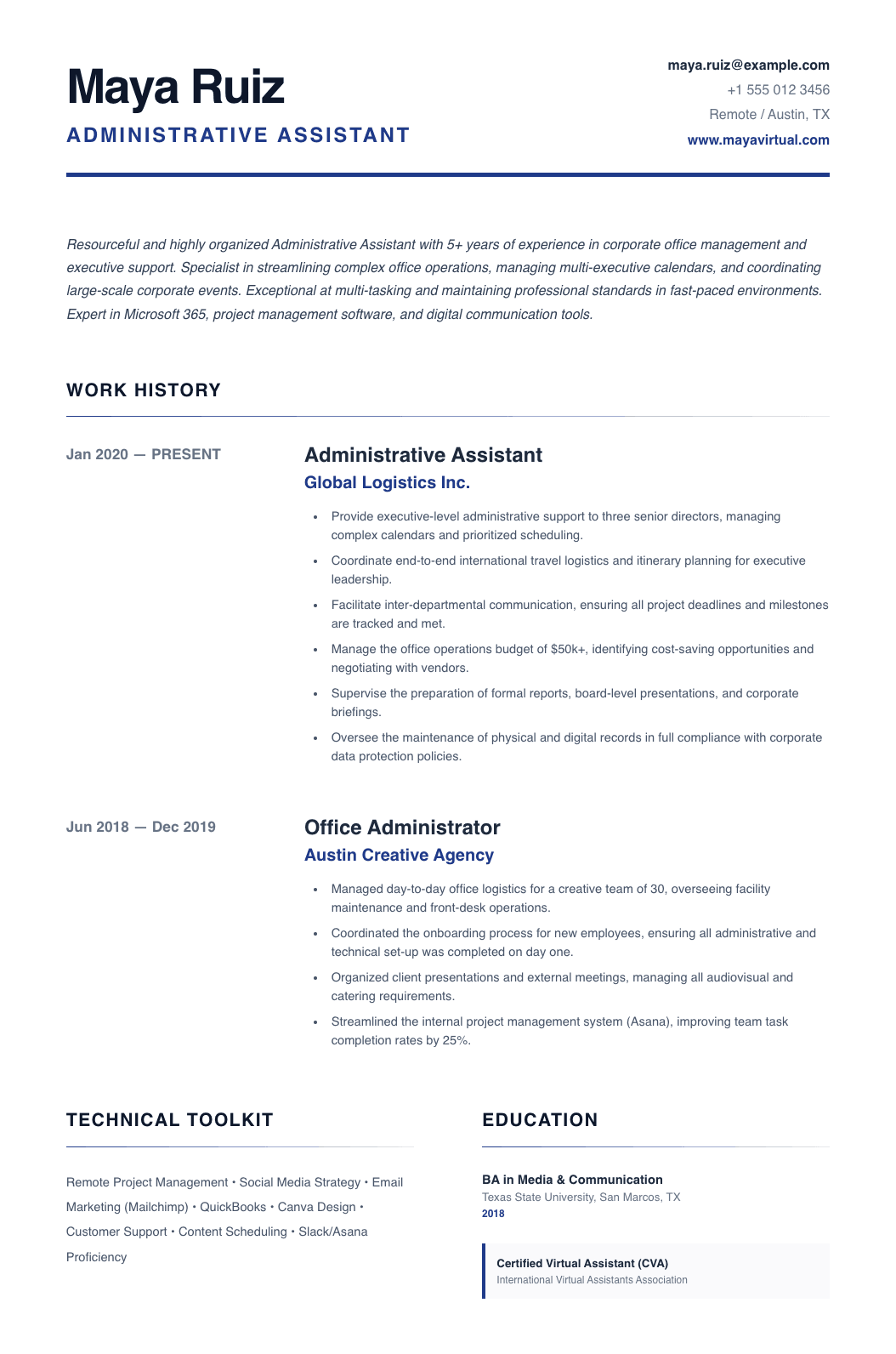 administrative assistant cv template