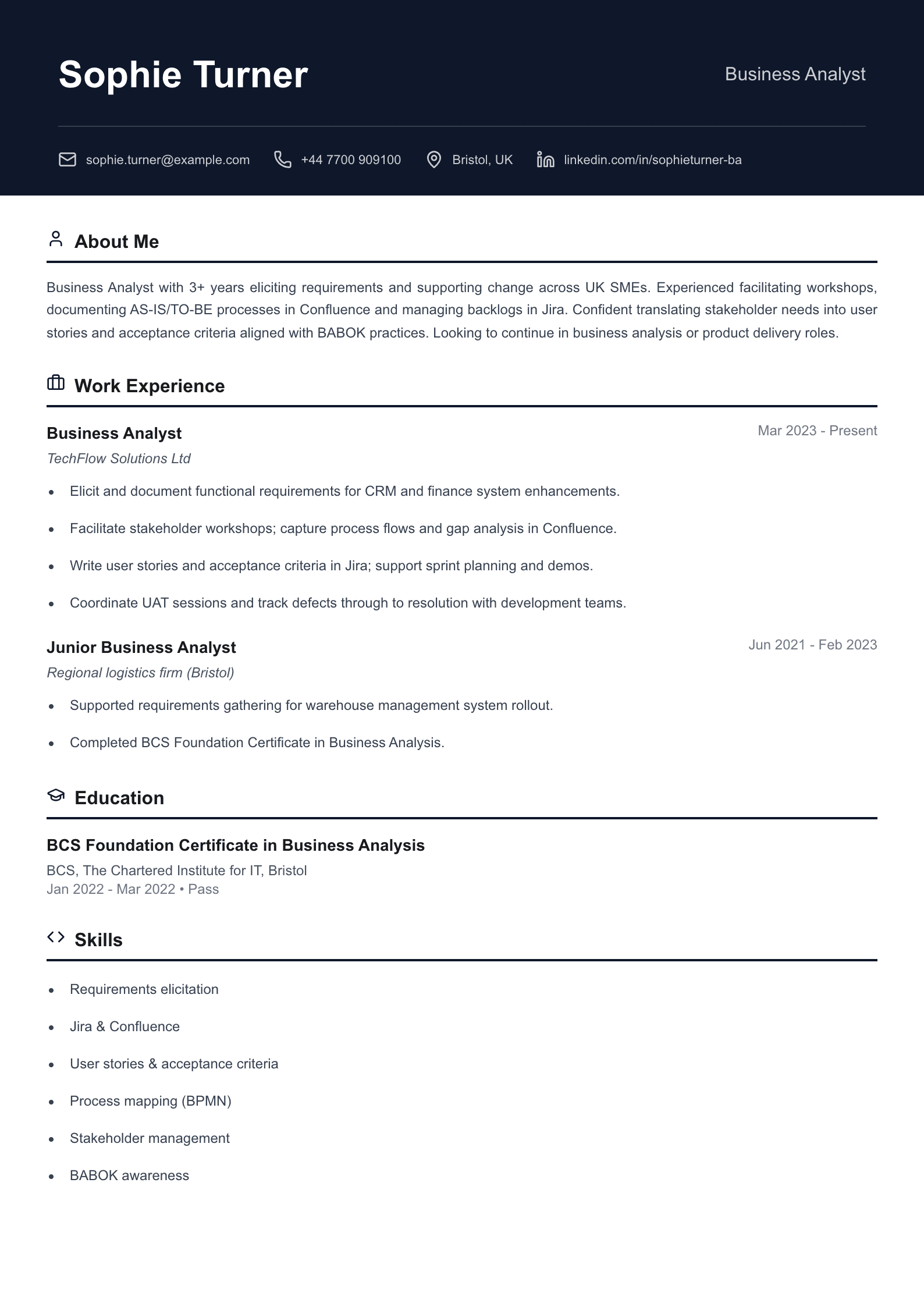 Business analyst CV template