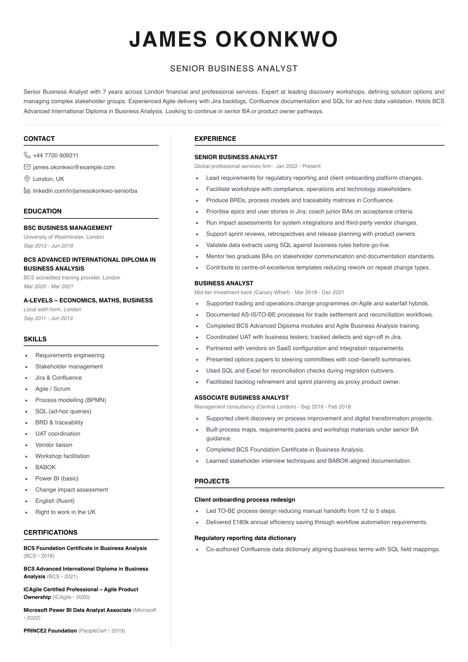 senior business analyst cv template
