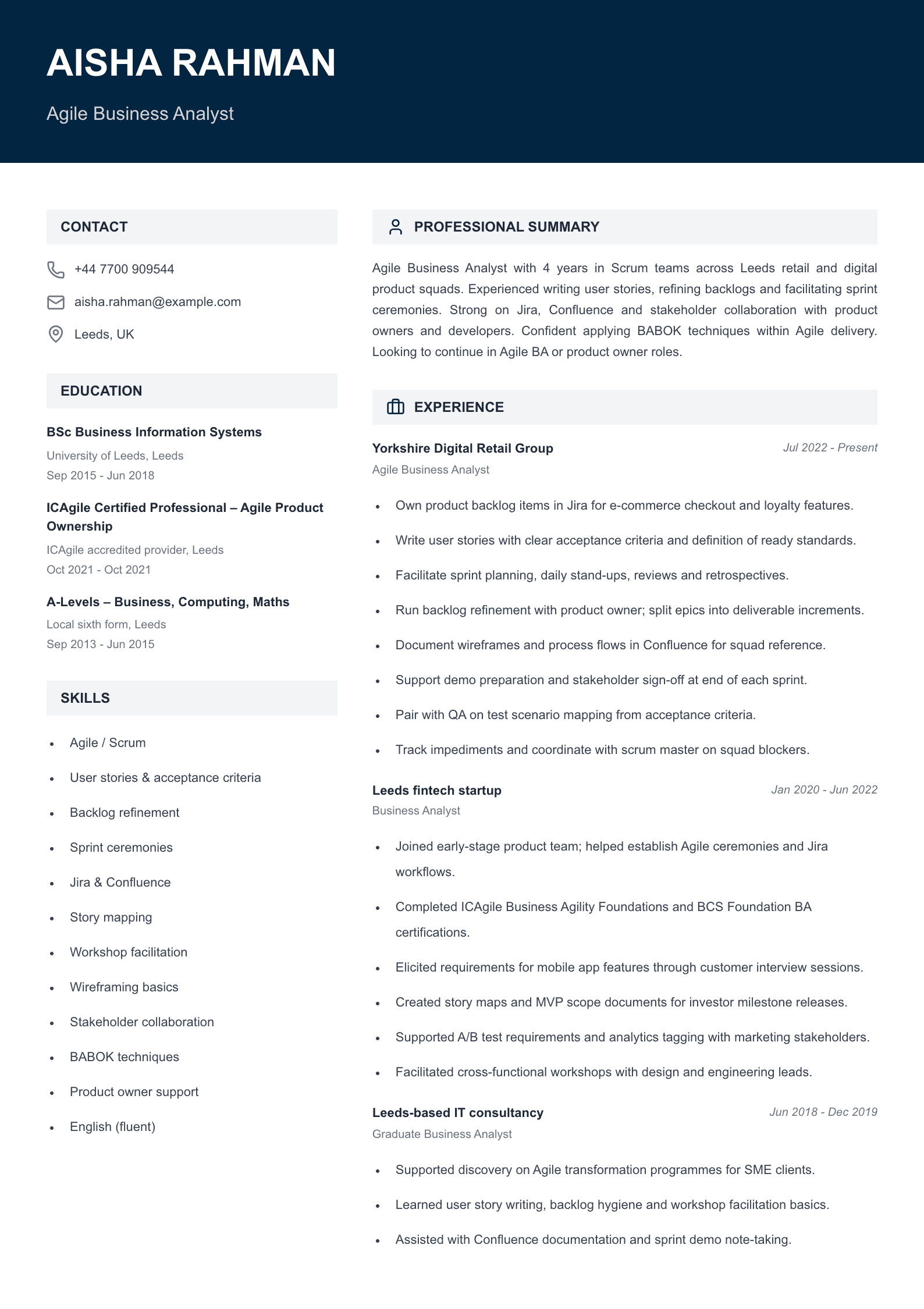 Agile business analyst CV template