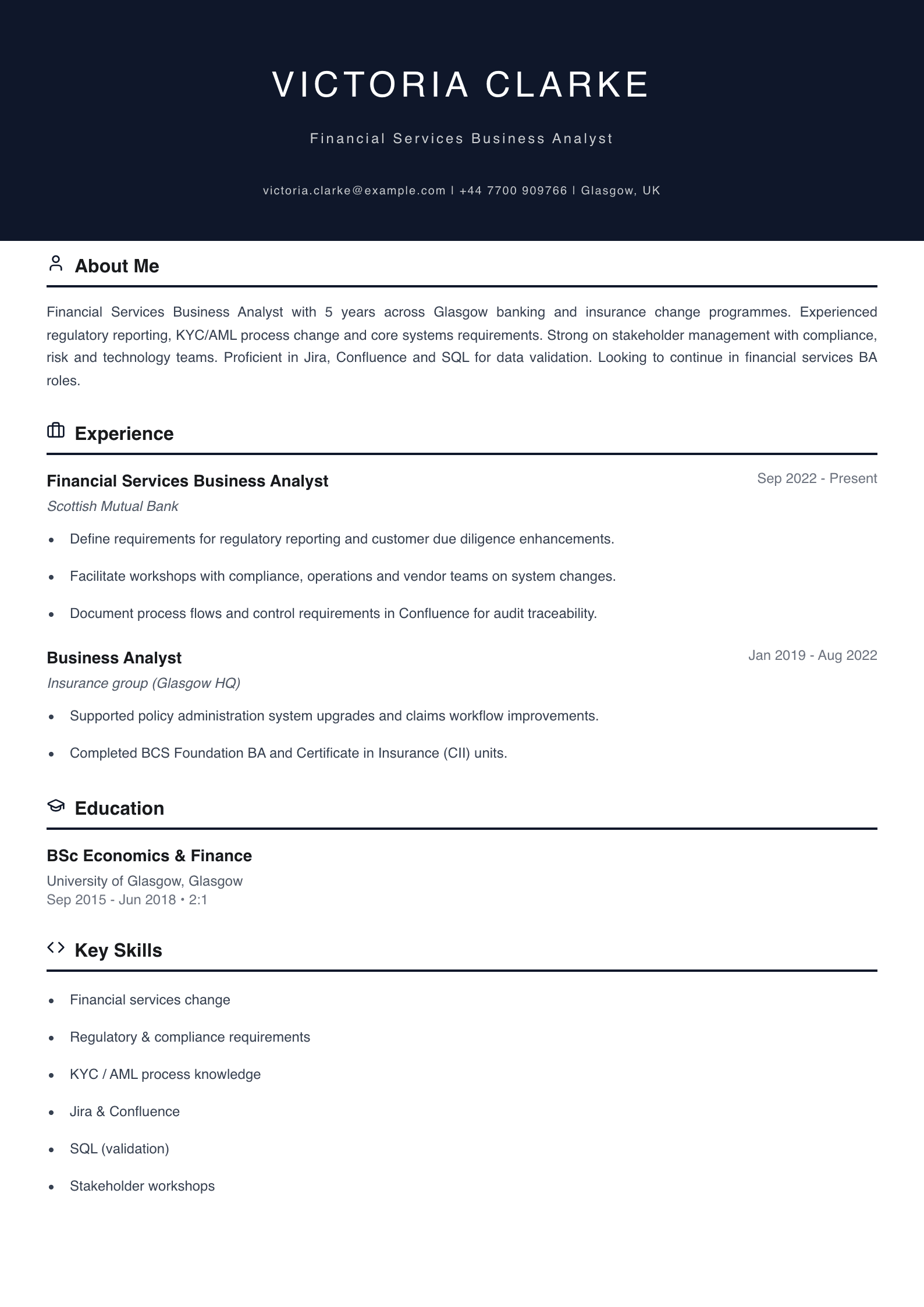 financial services business analyst cv template