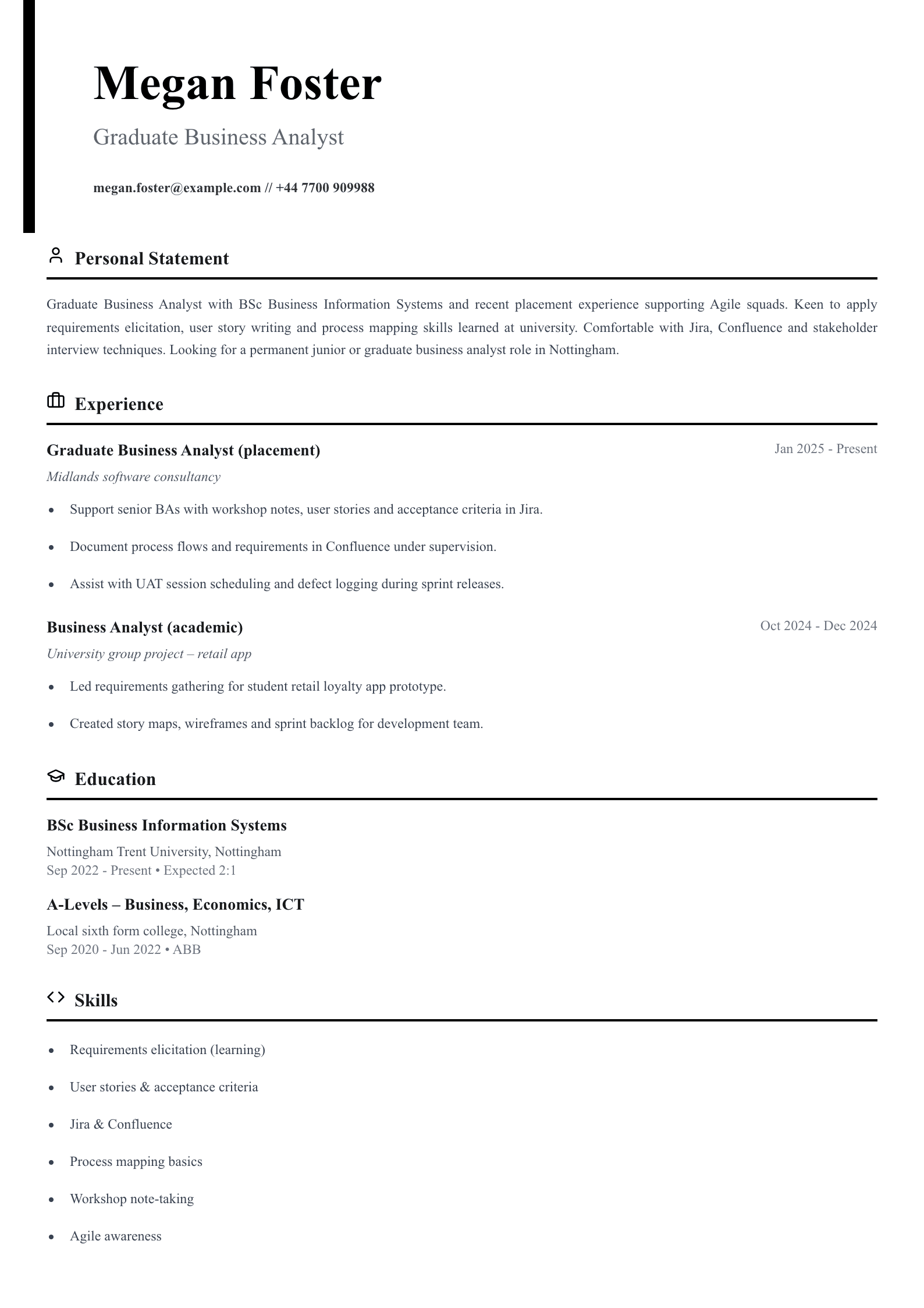 graduate business analyst cv template
