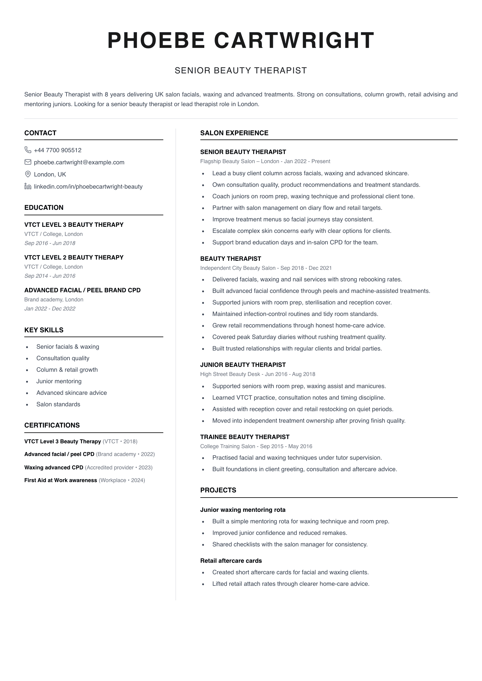 senior beauty therapist CV template