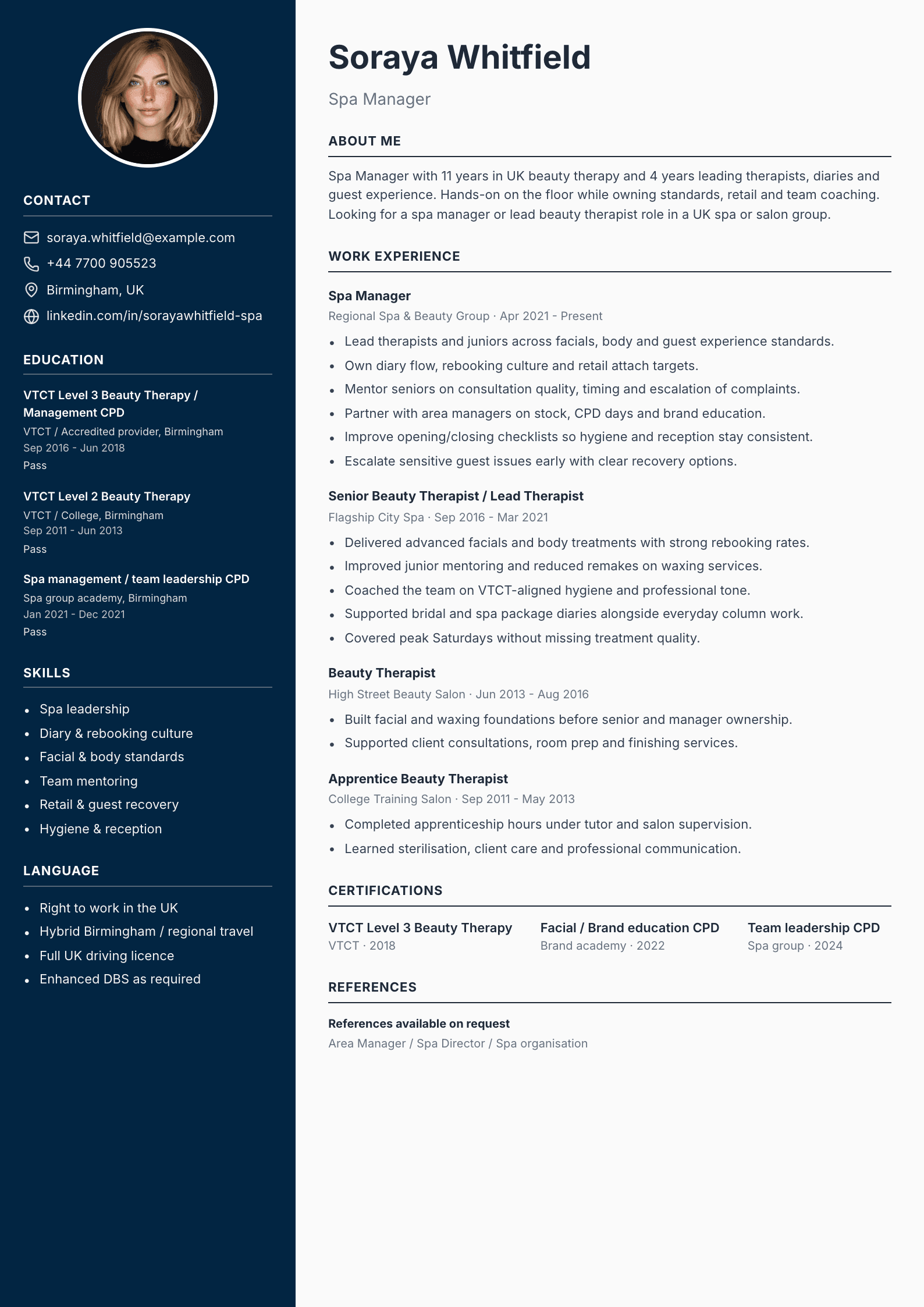 Spa manager CV template