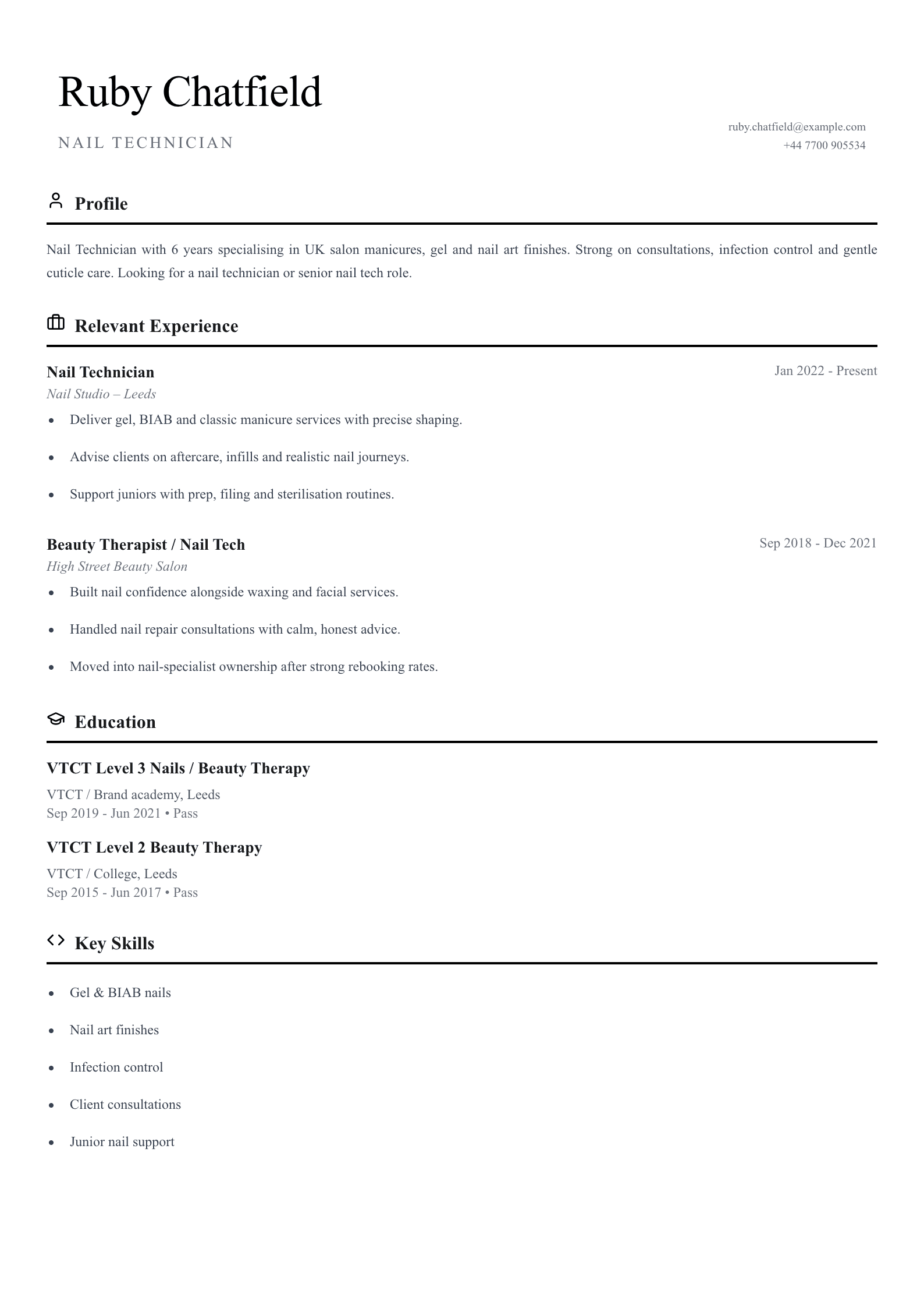 Nail technician CV template