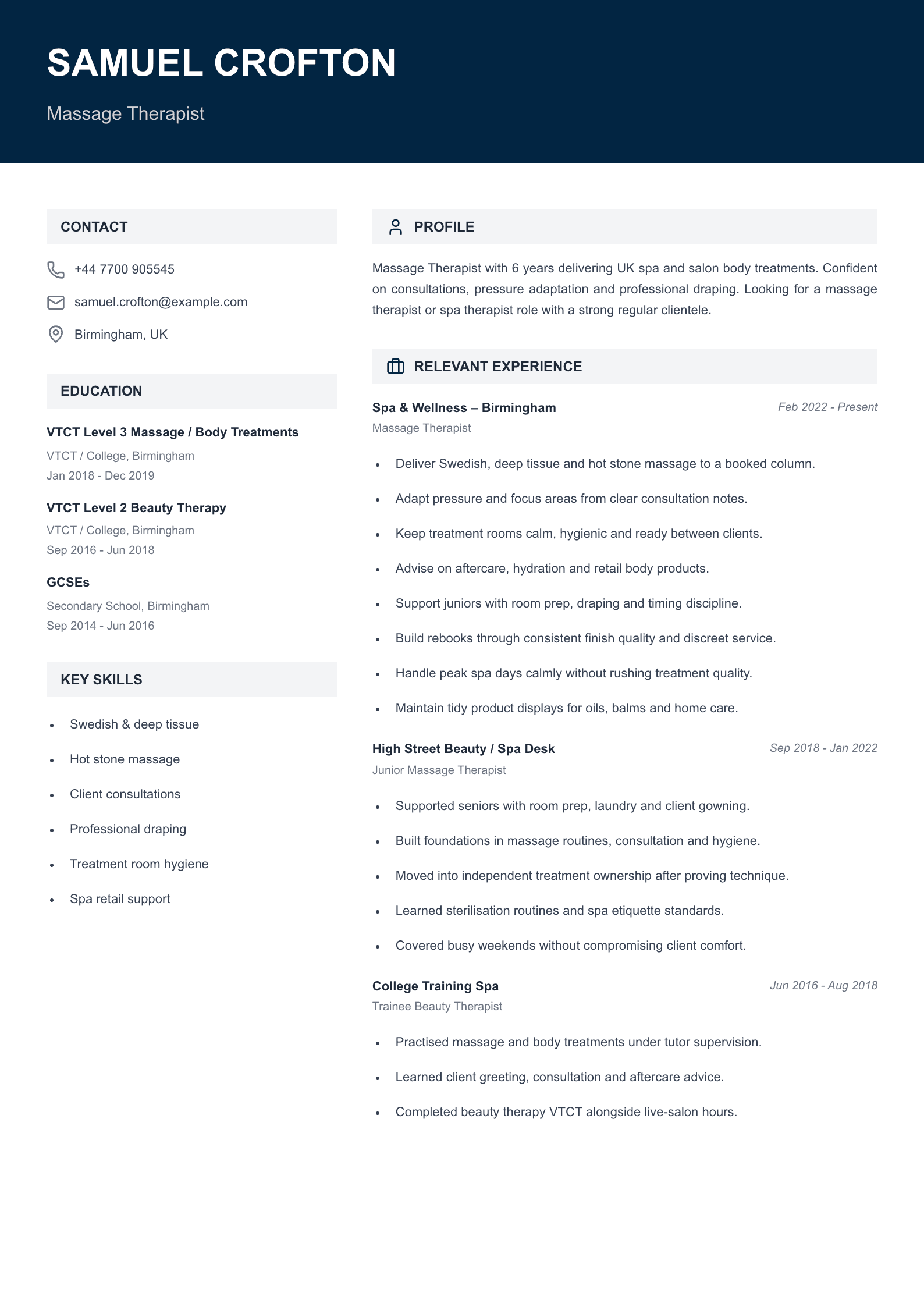 massage therapist CV template