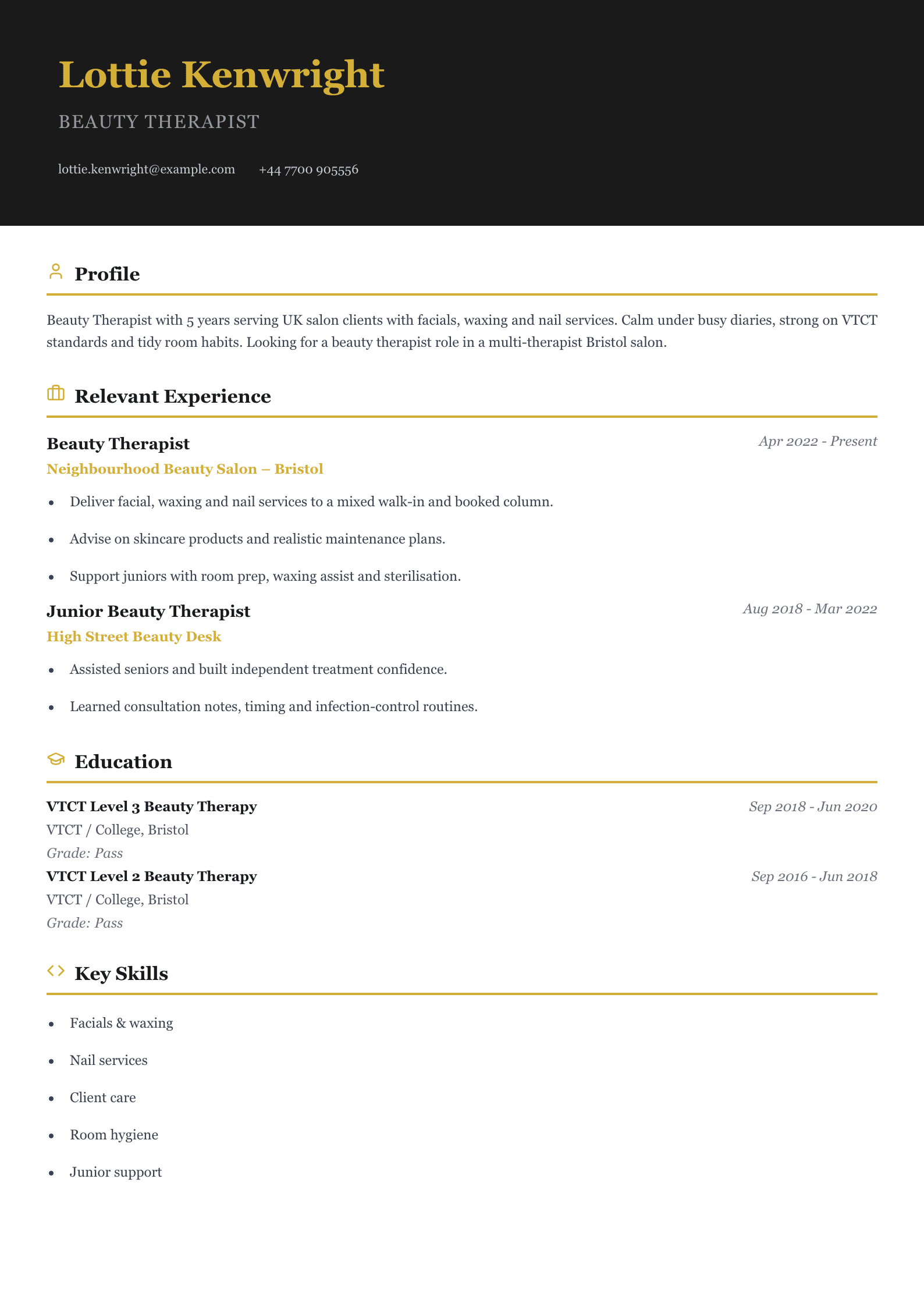 salon beauty therapist CV template