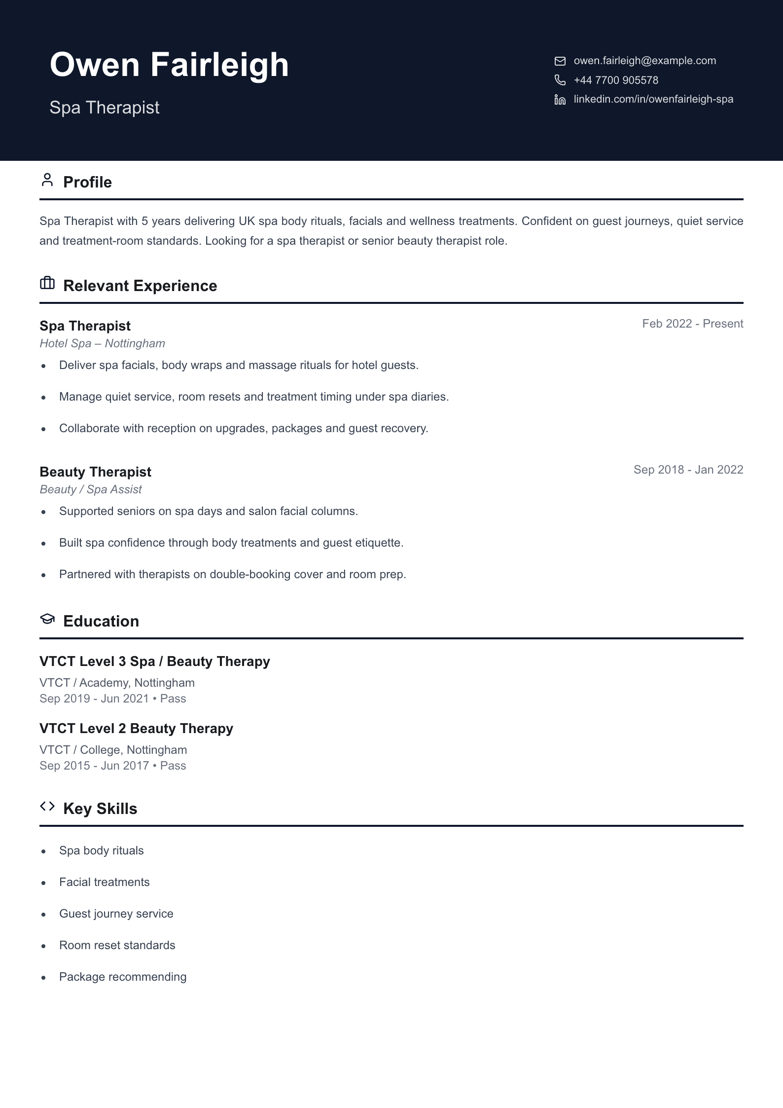 spa therapist CV template