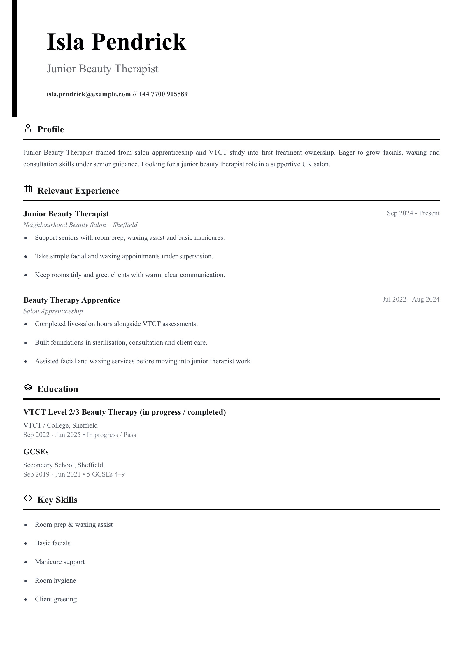 junior beauty therapist CV template