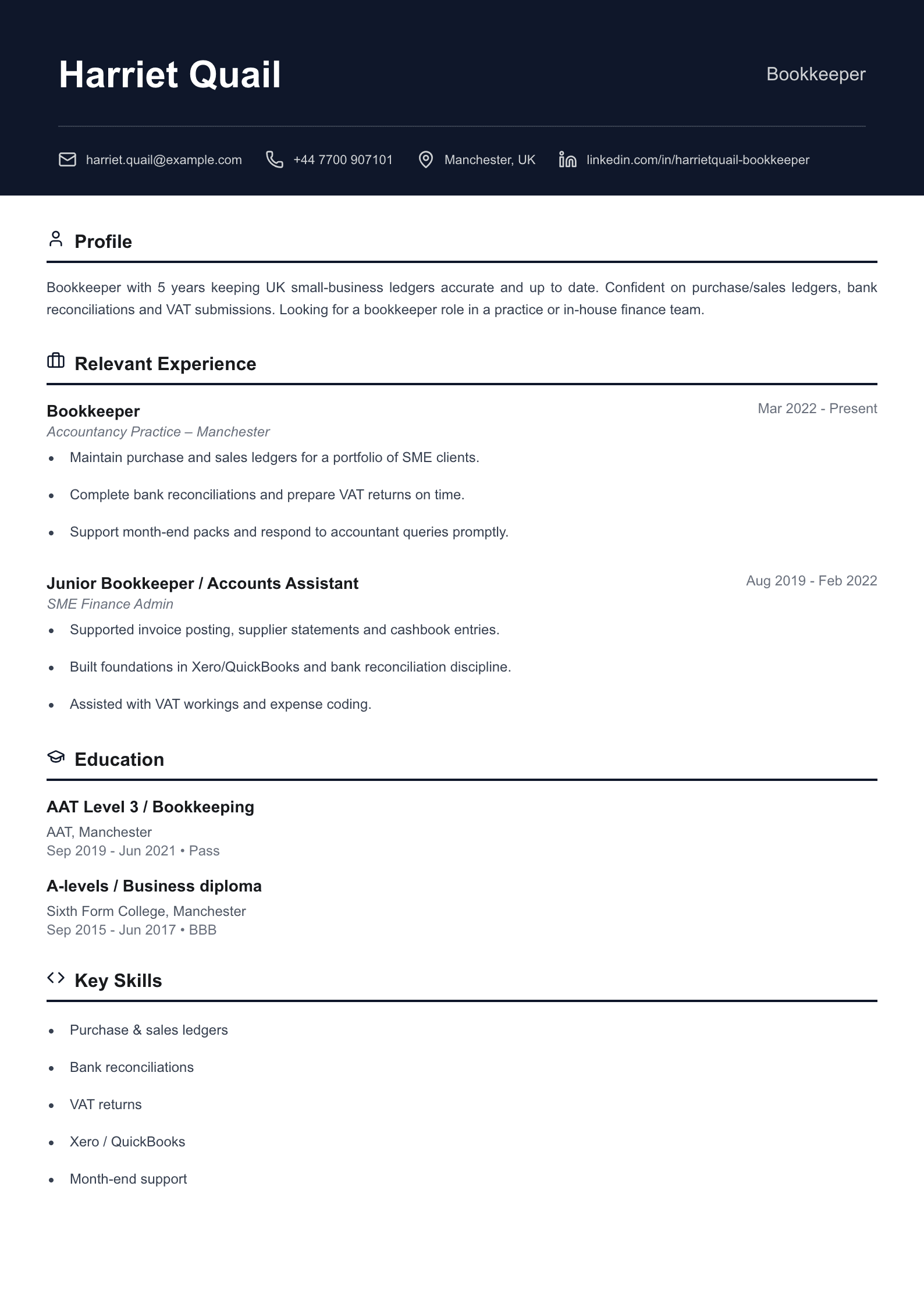 Bookkeeper CV template