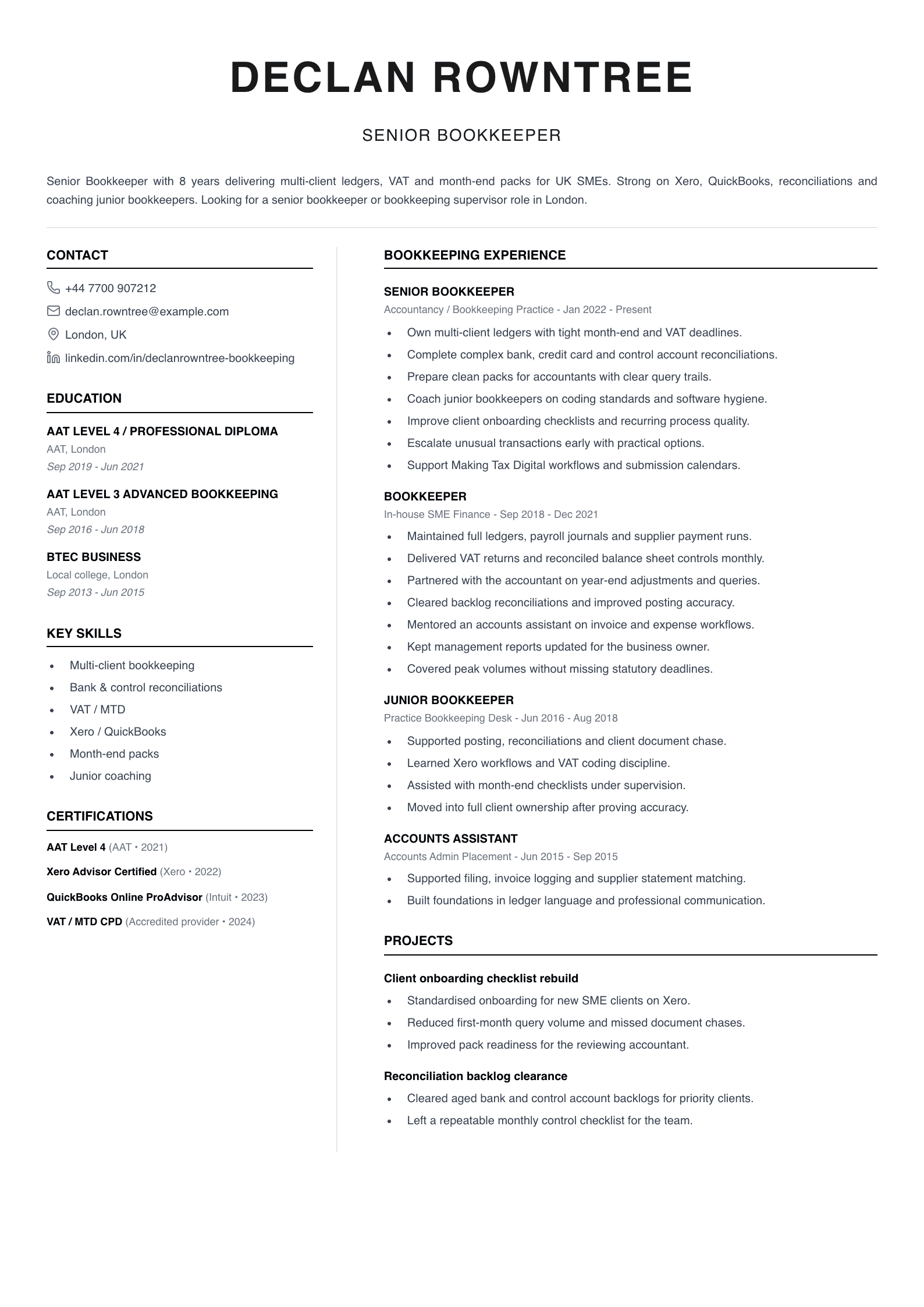 senior bookkeeper CV template