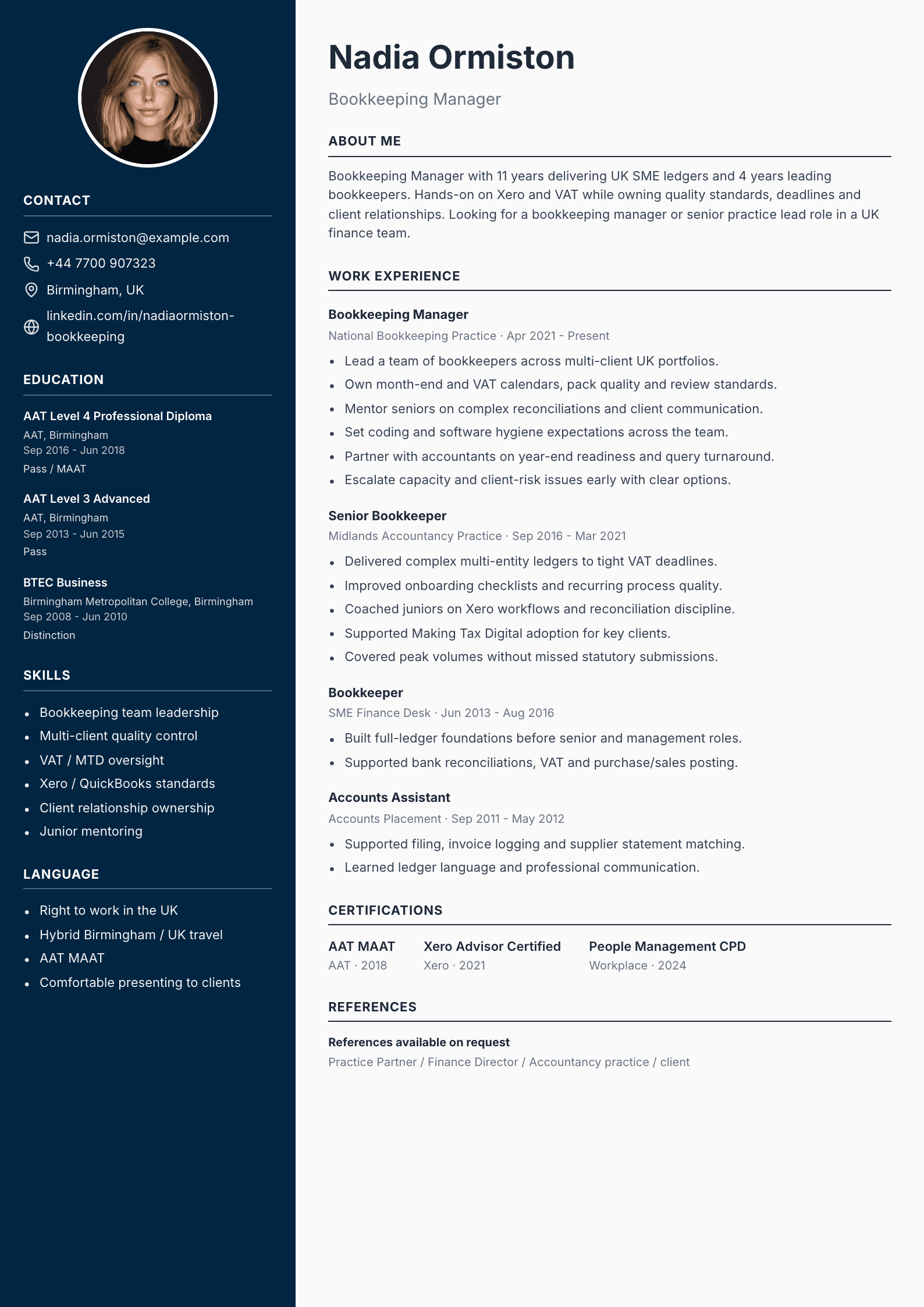 Bookkeeping manager CV template