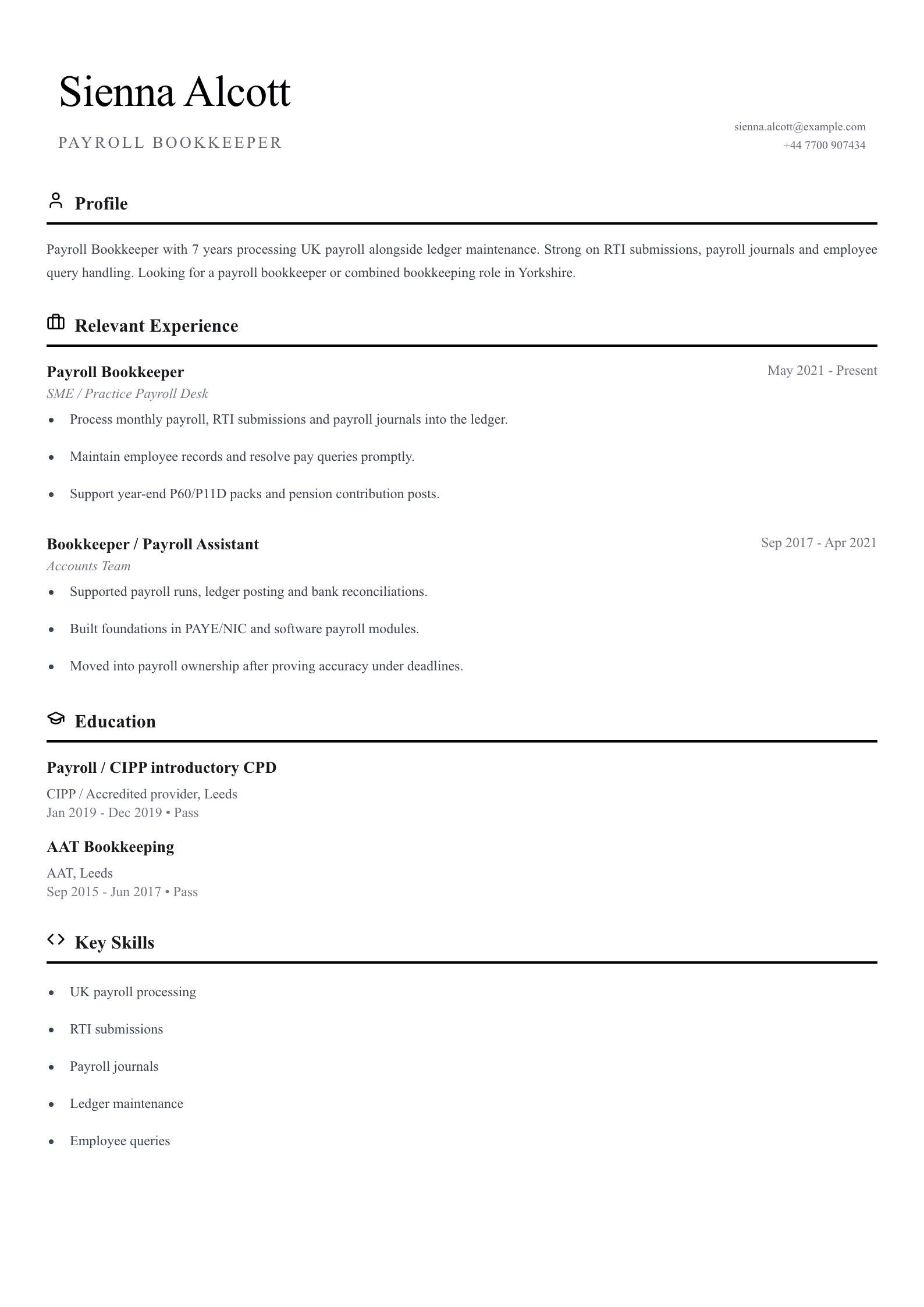 Payroll bookkeeper CV template
