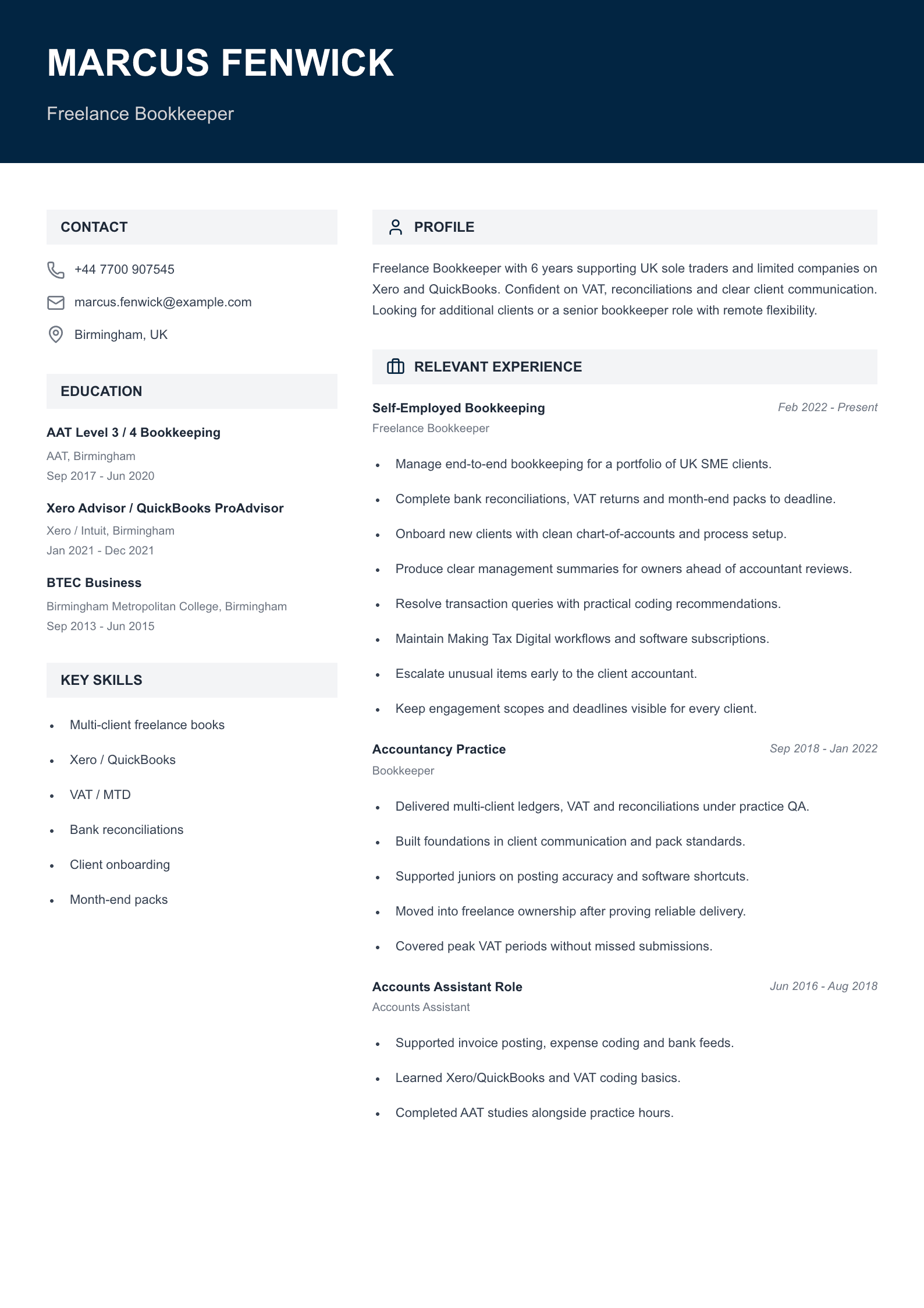 freelance bookkeeper CV template