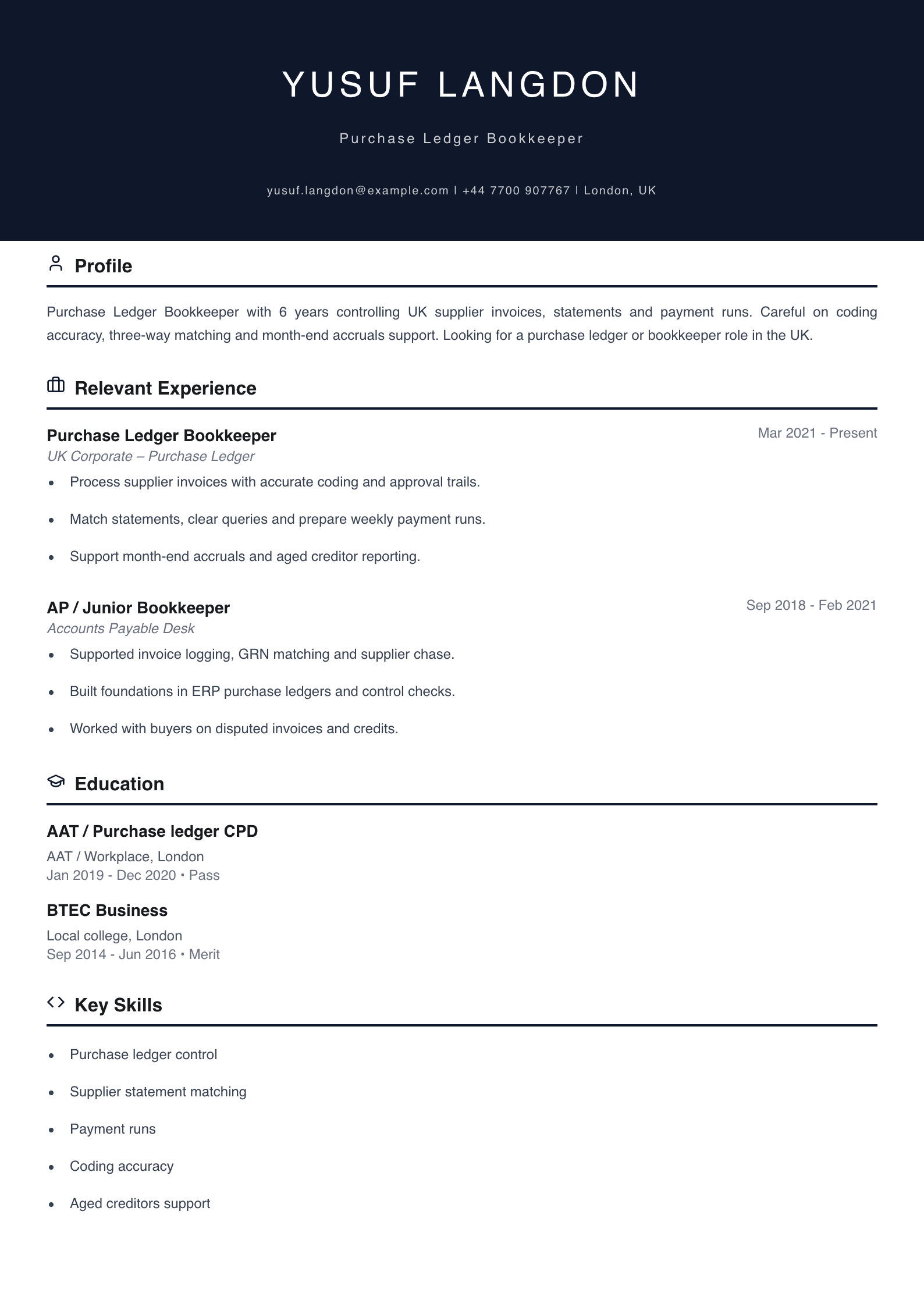 purchase ledger bookkeeper CV template