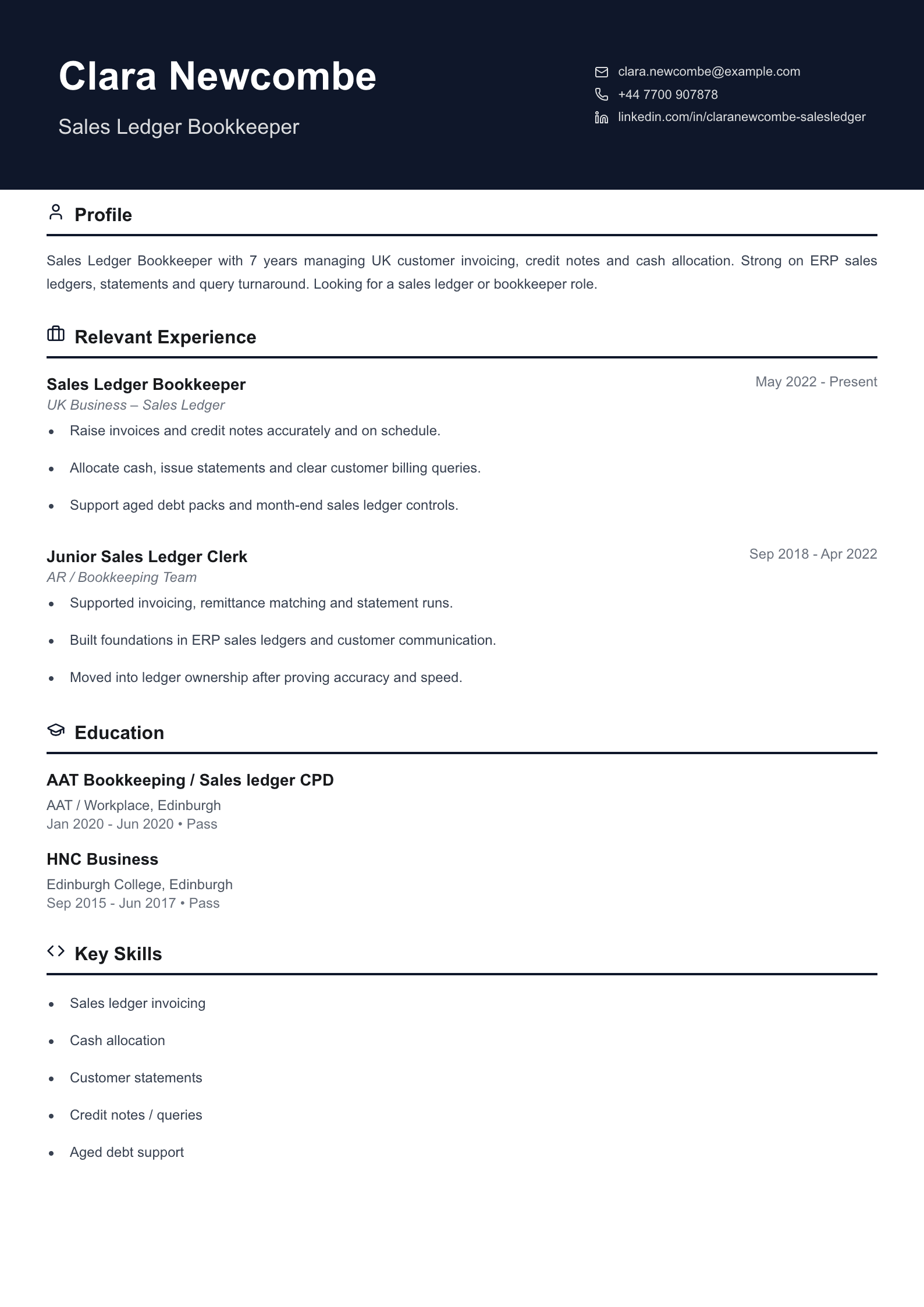sales ledger bookkeeper CV template