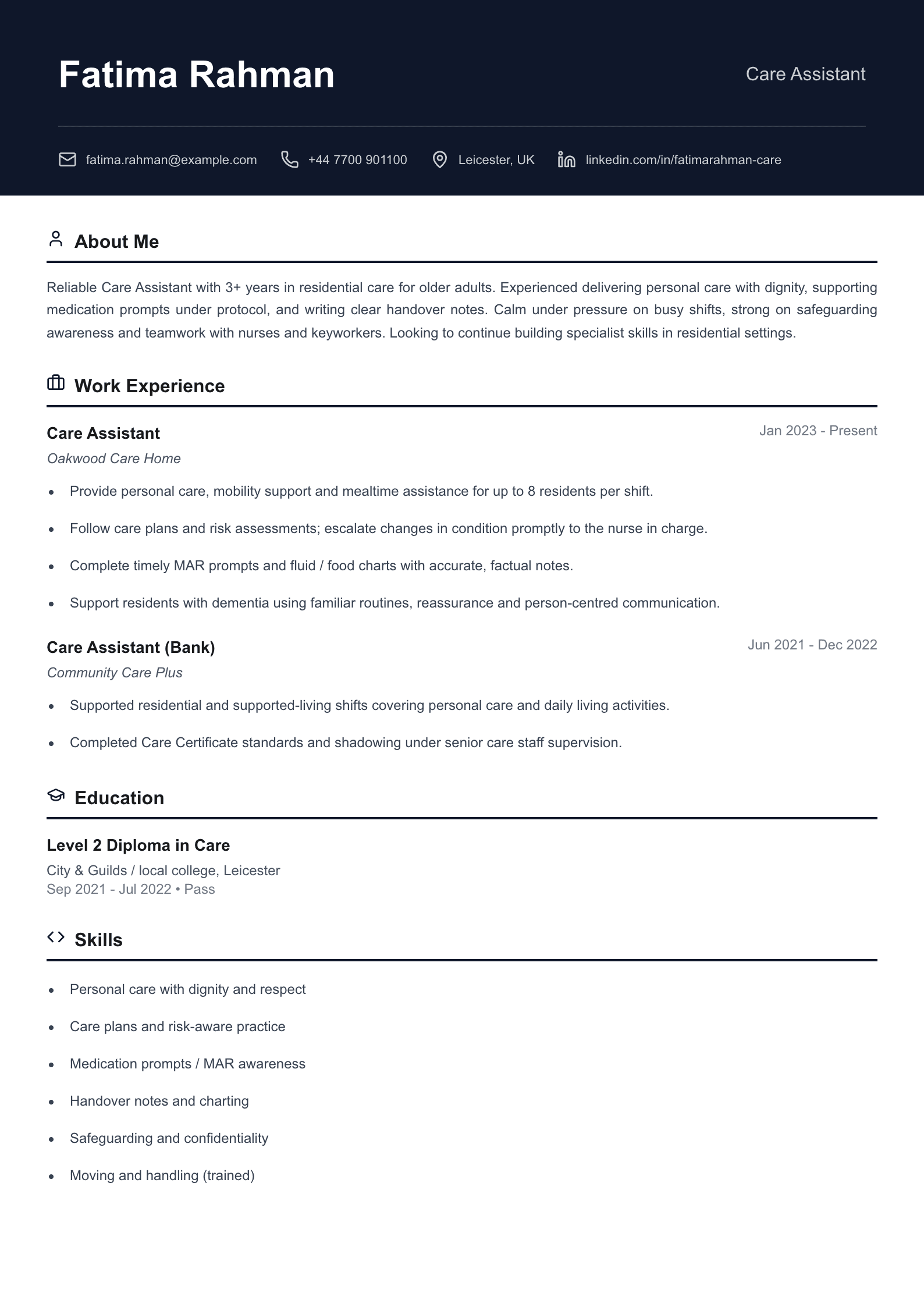 Residential care assistant CV template