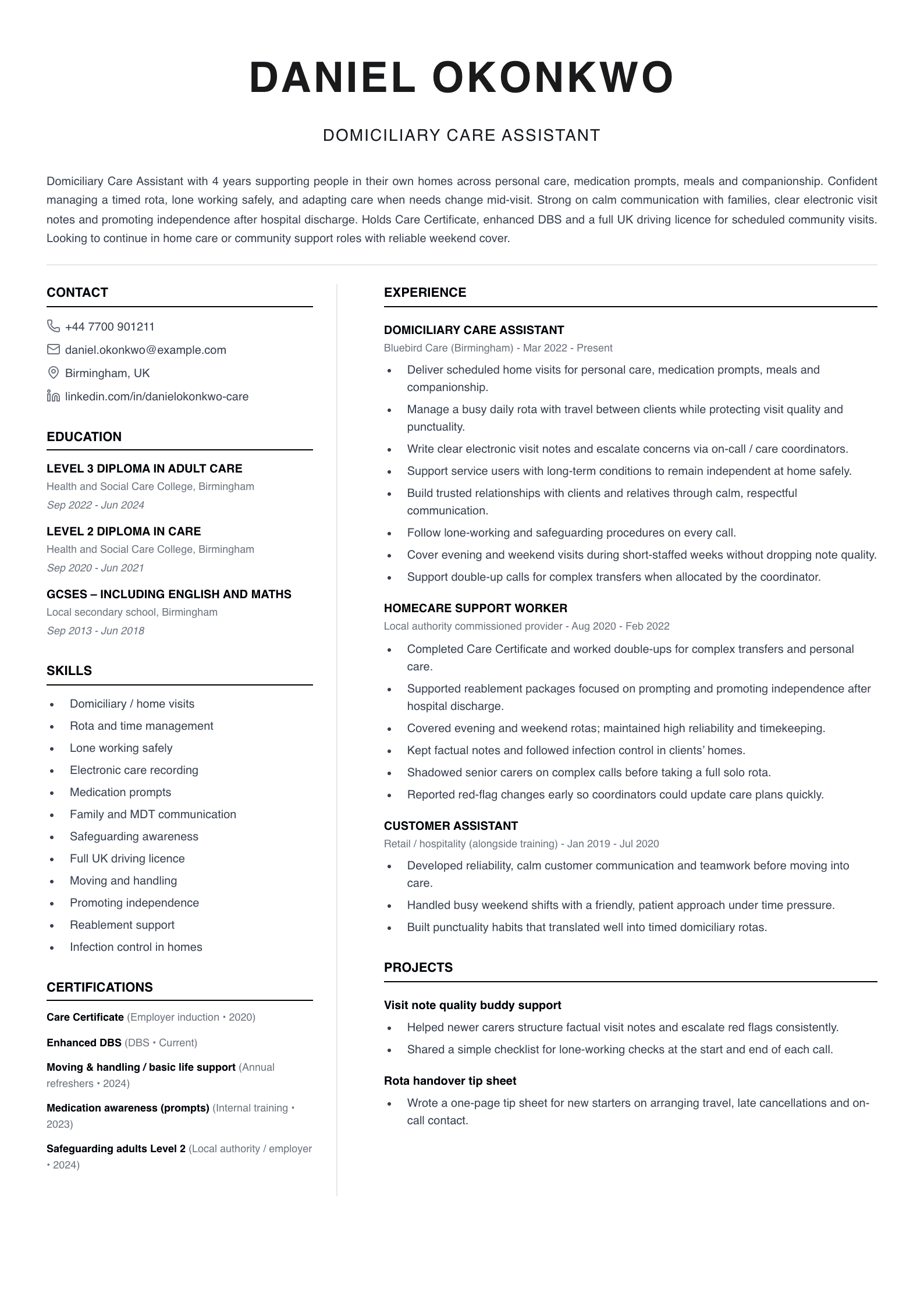 domiciliary care assistant cv template