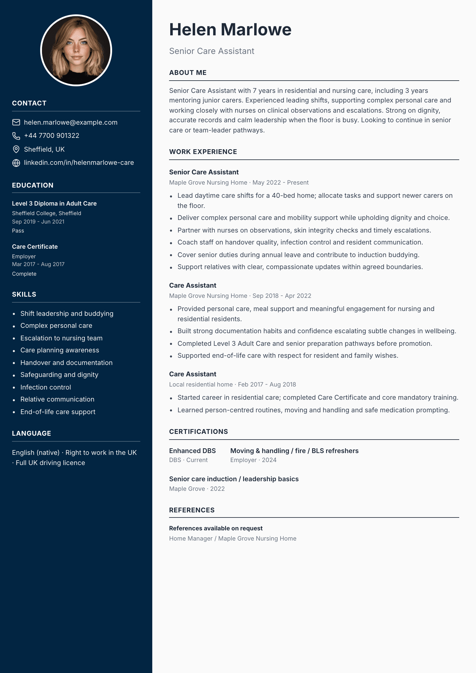 Senior care assistant CV template