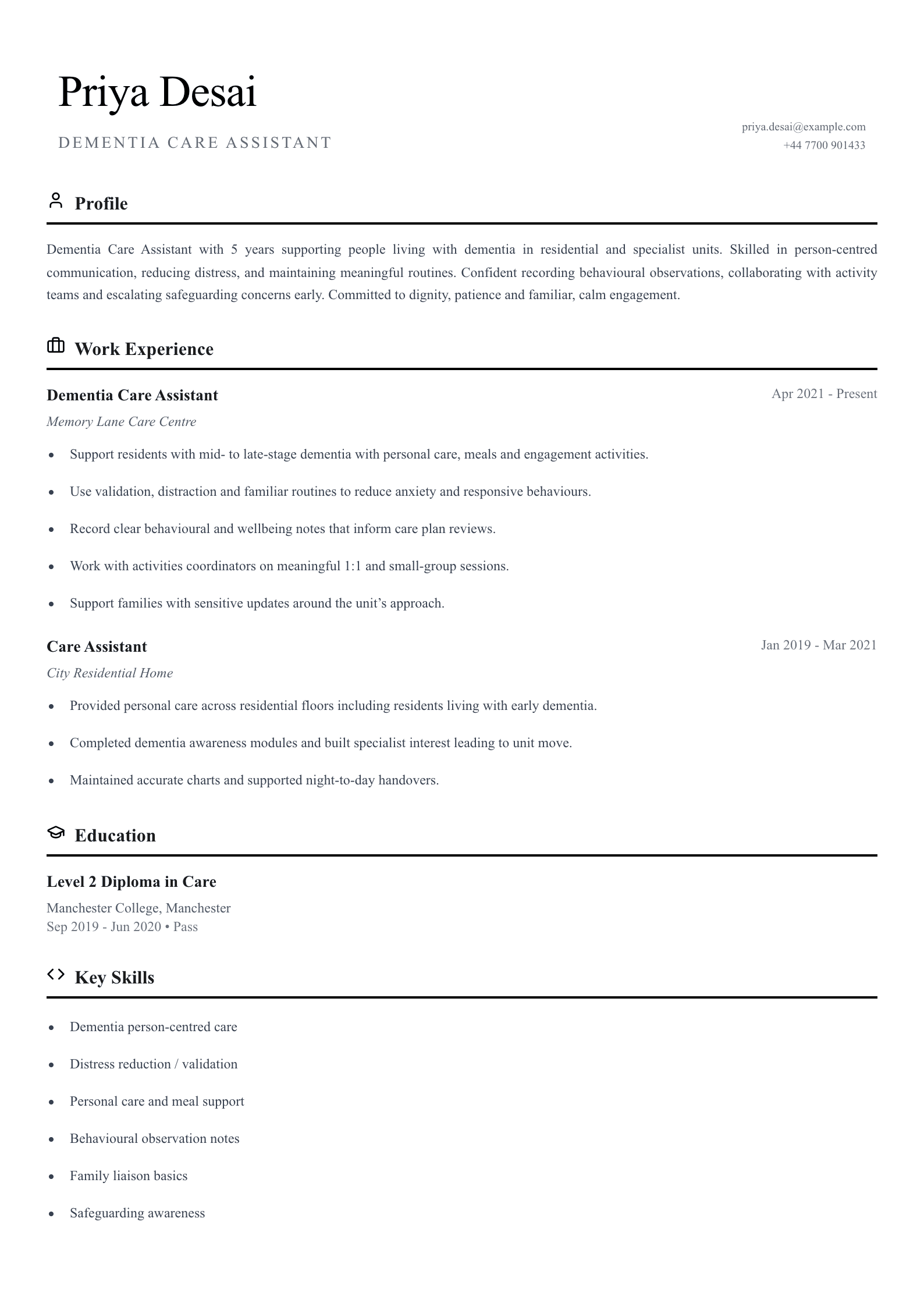 dementia care assistant cv template