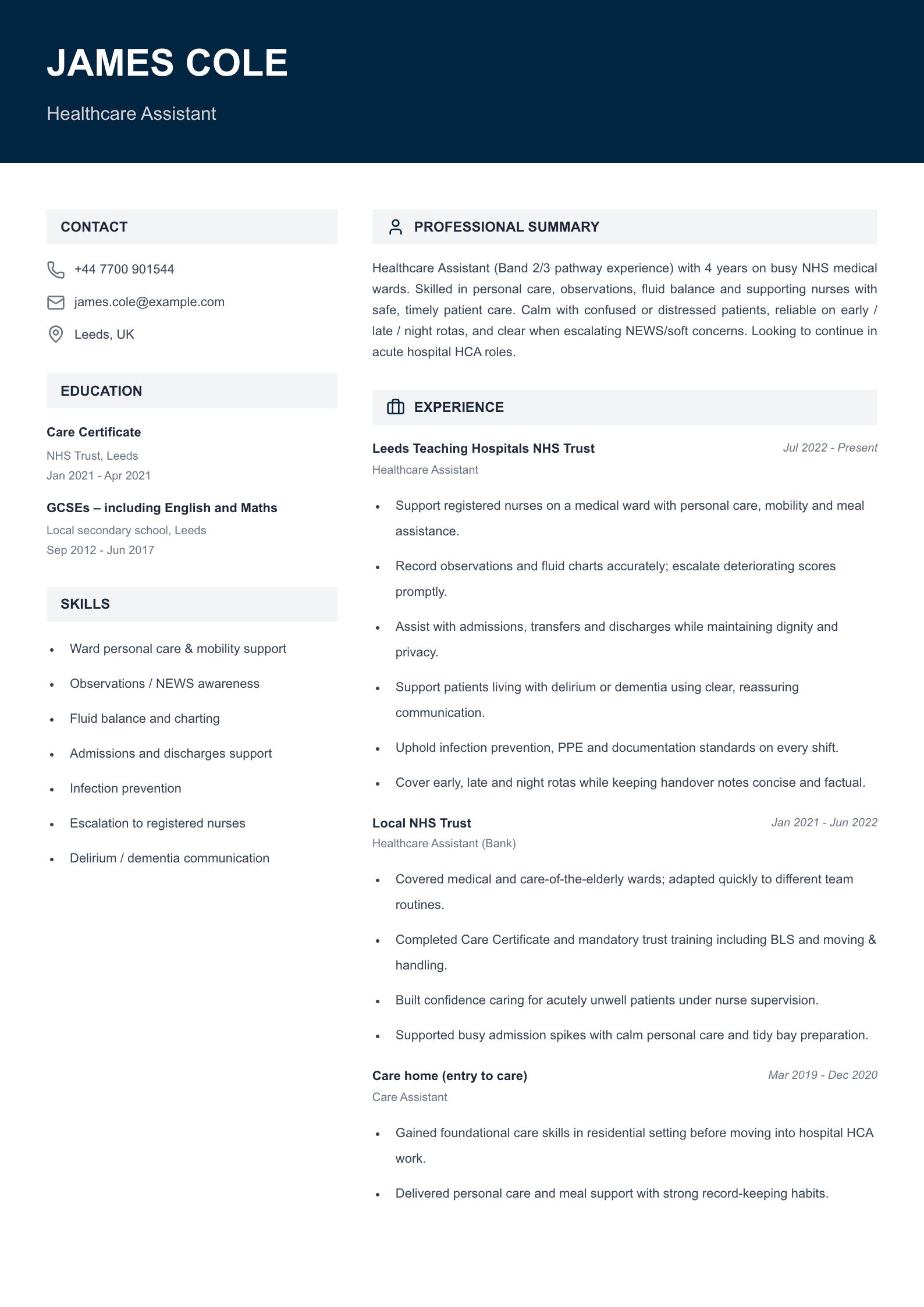 Hospital healthcare assistant CV template