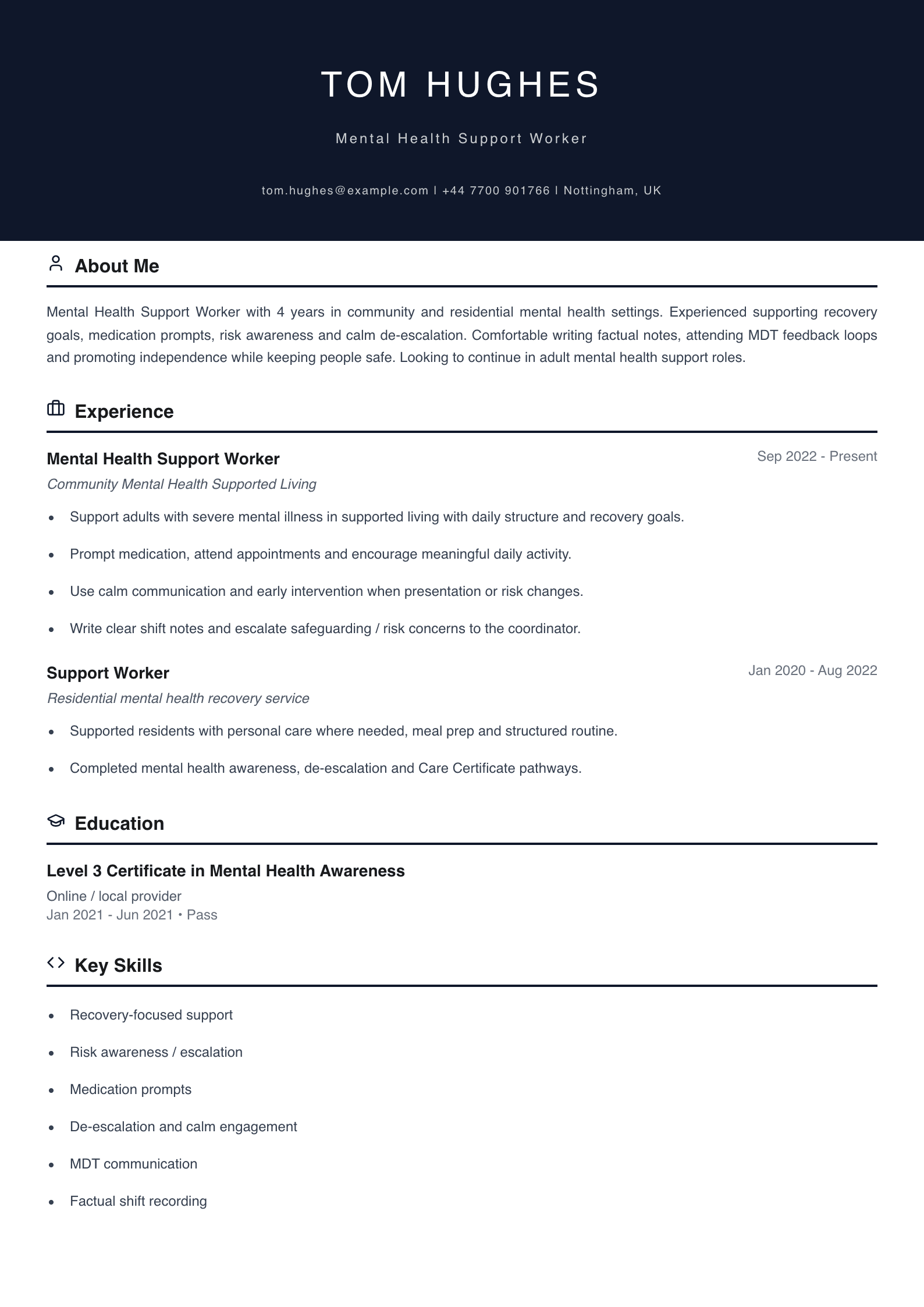 mental health support worker cv template