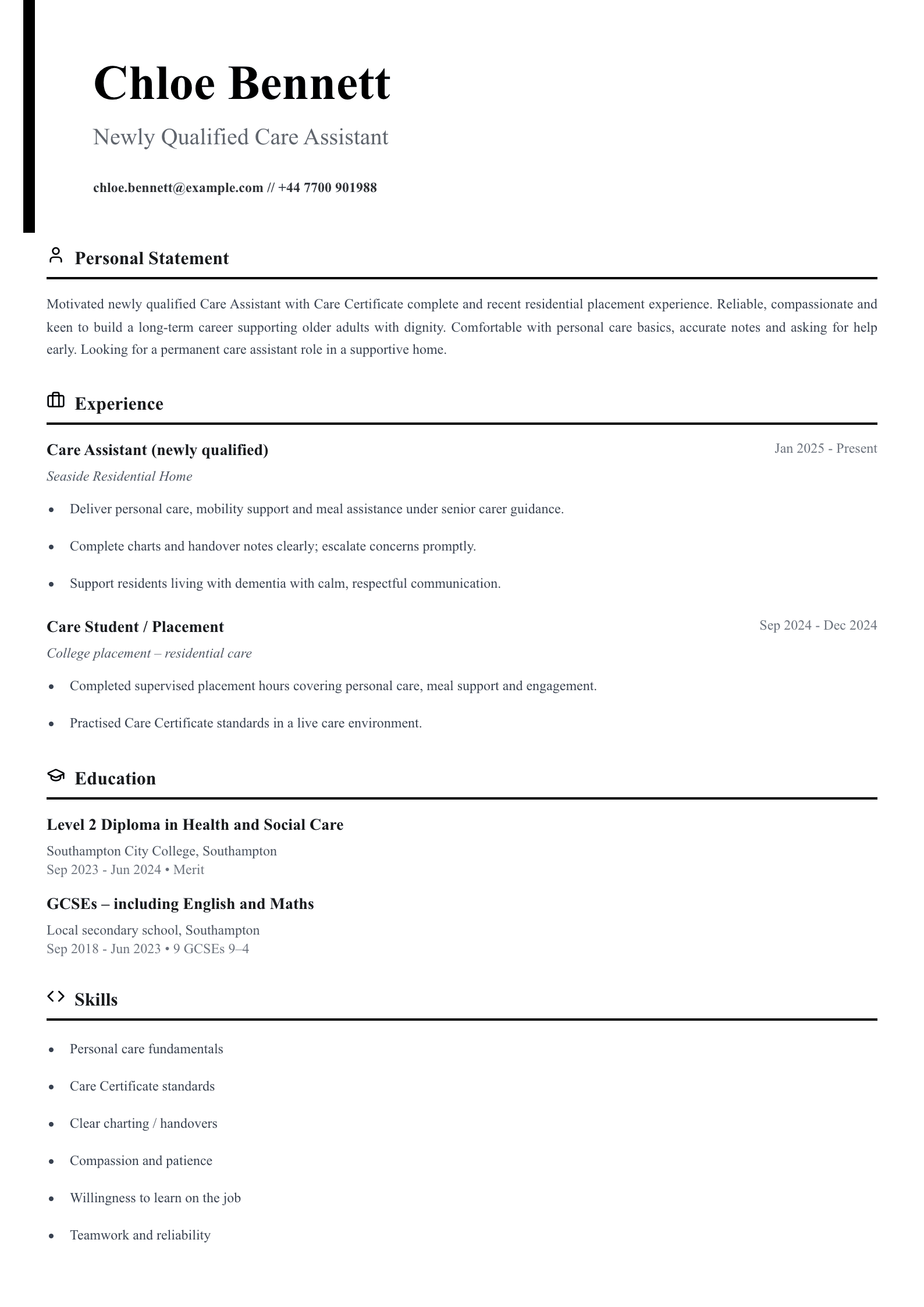 newly qualified care assistant cv template