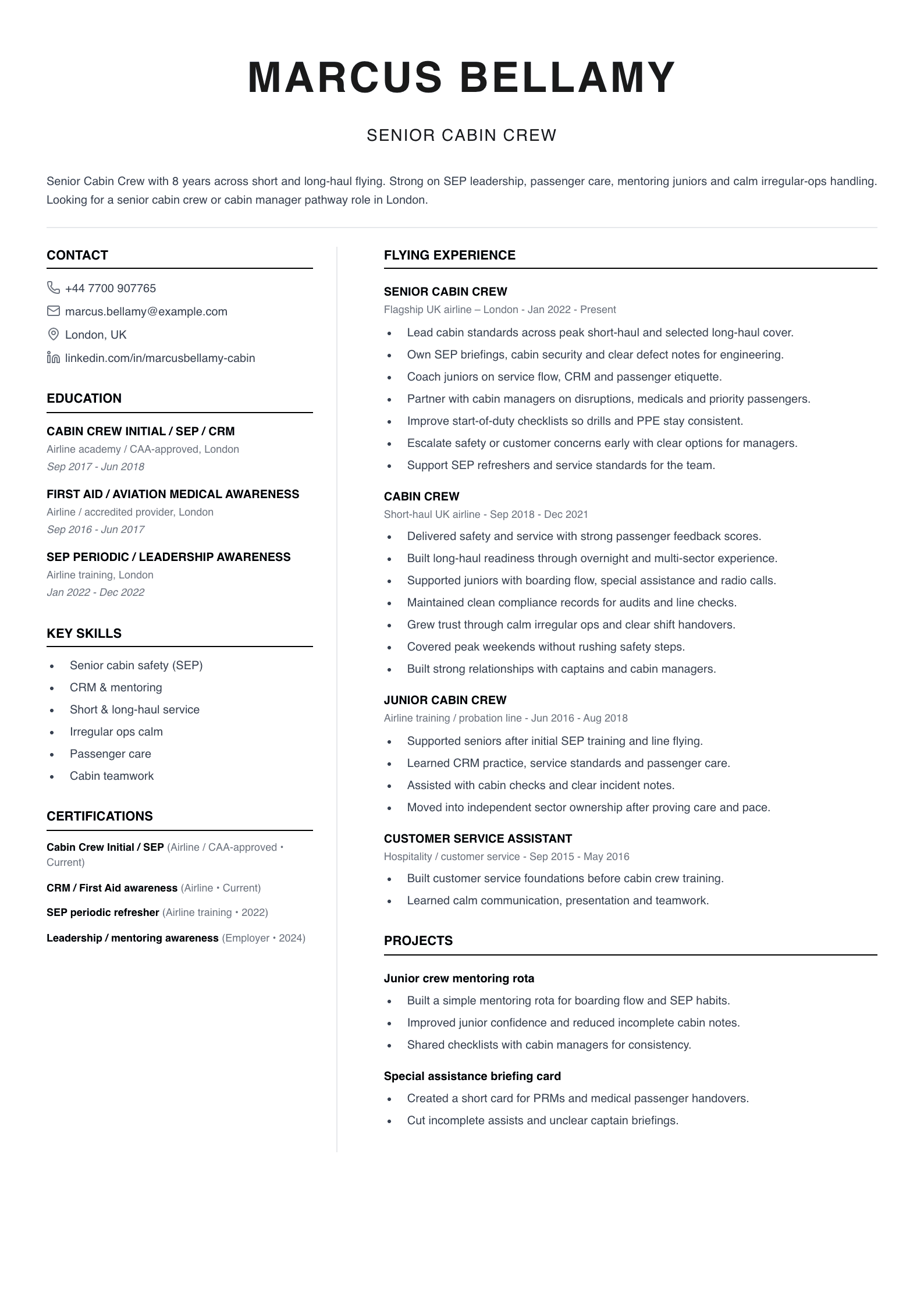 senior cabin crew CV template