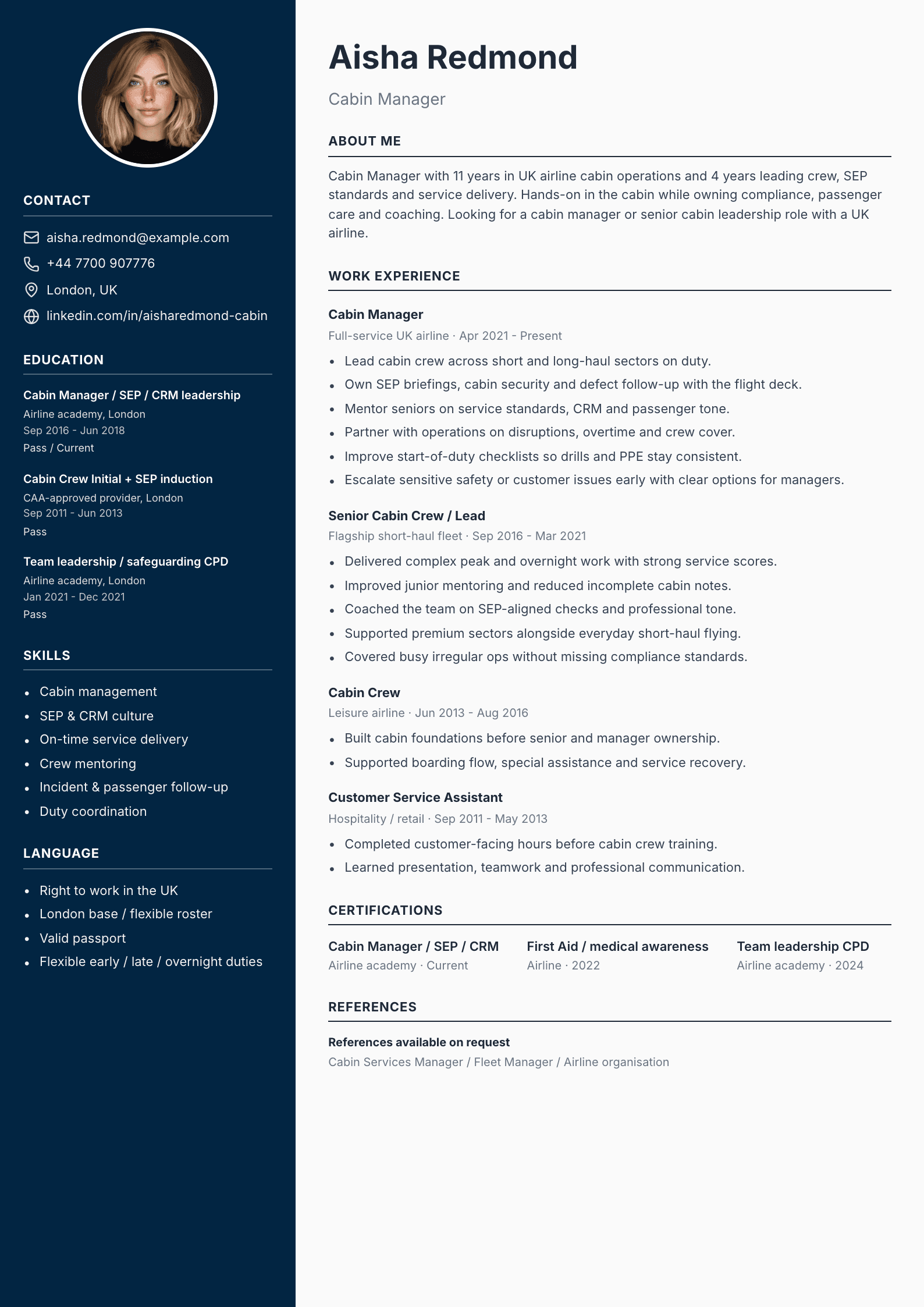 Cabin manager CV template