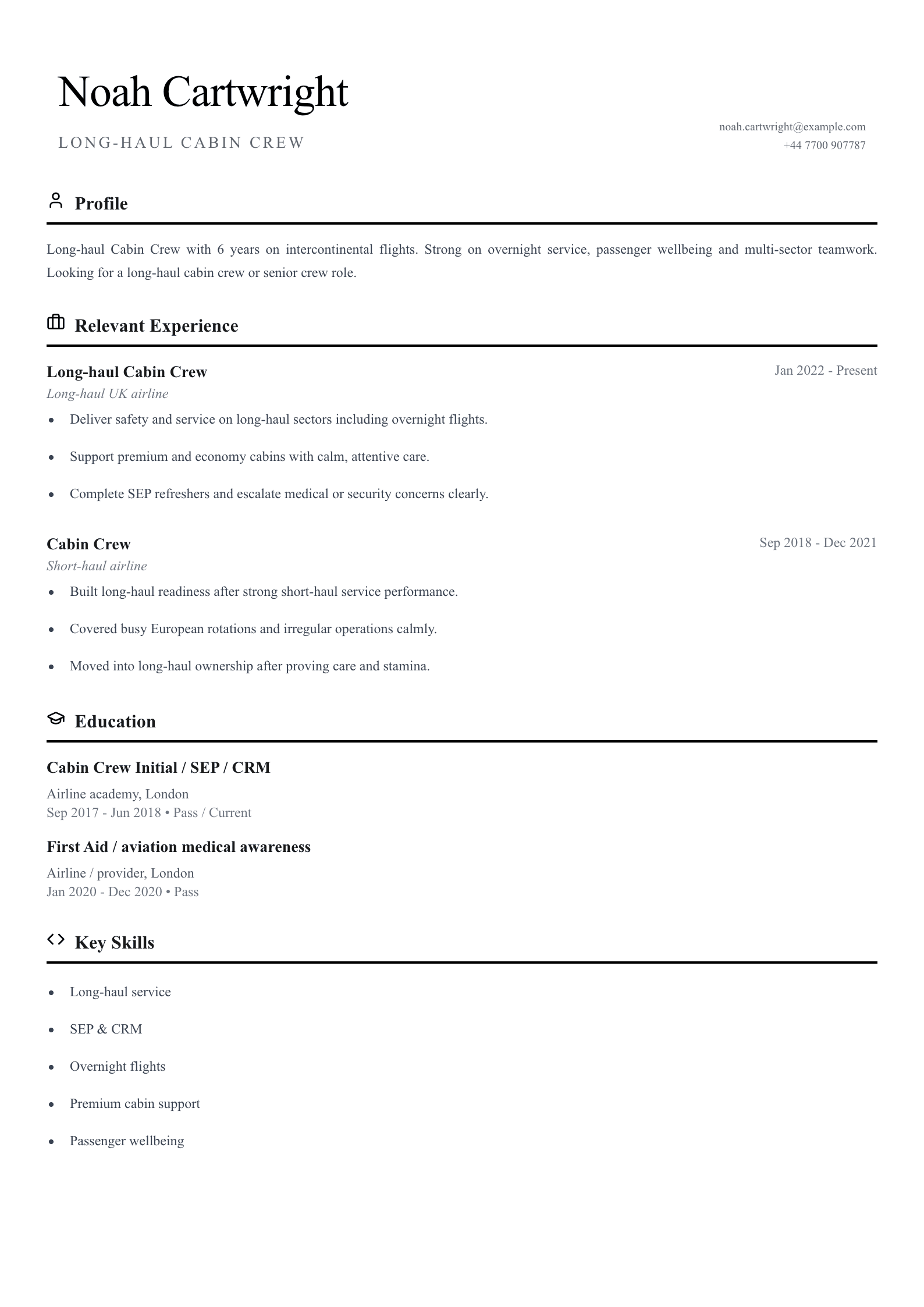 Long-haul cabin crew CV template