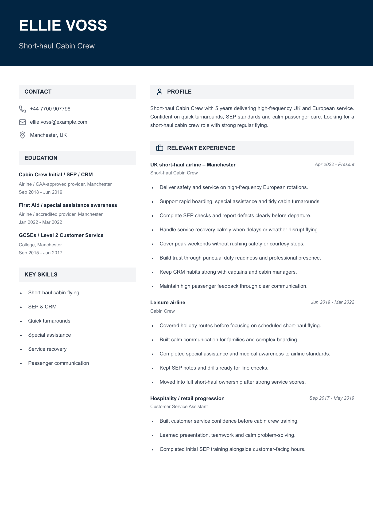 short-haul cabin crew CV template