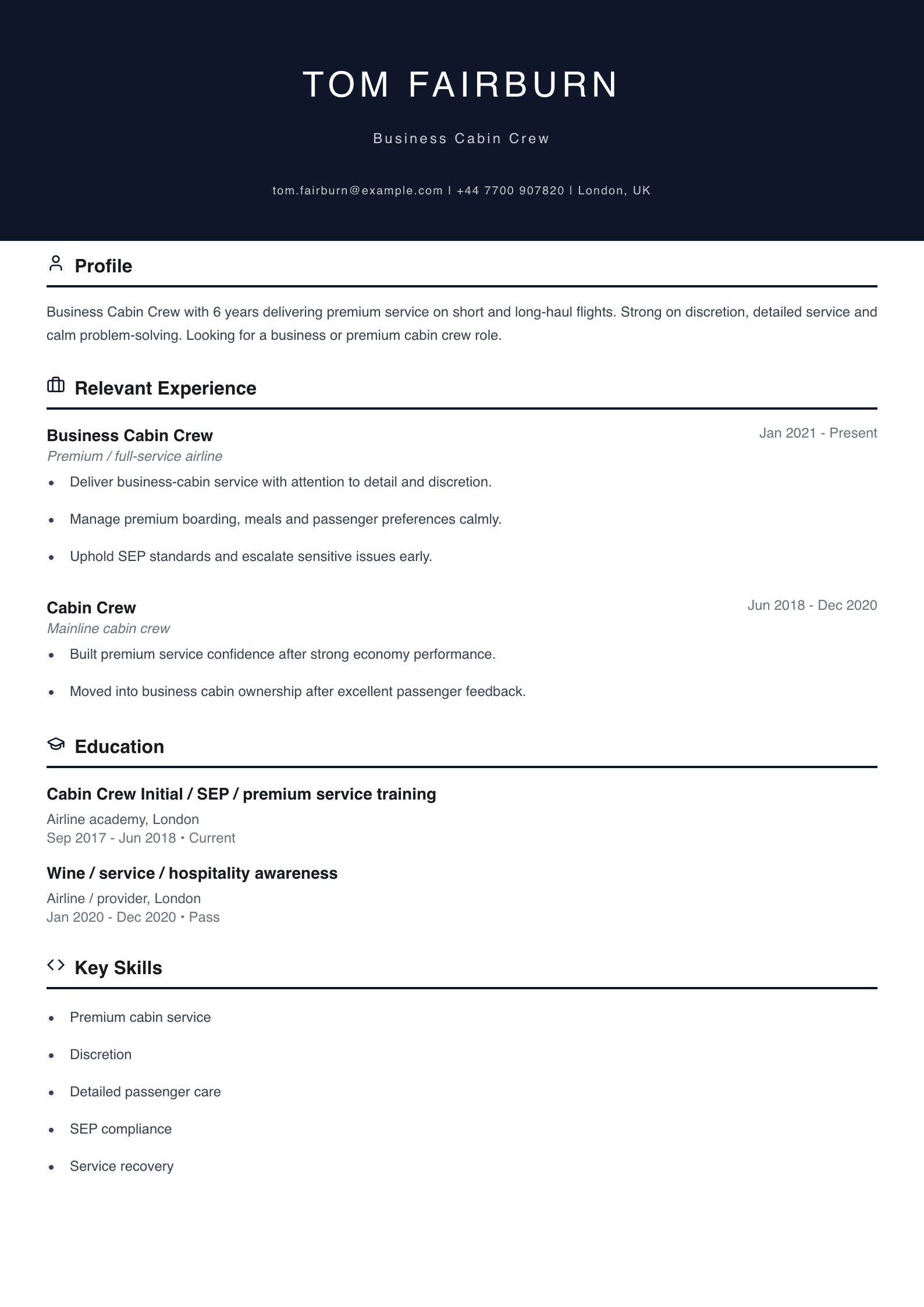 business cabin crew CV template