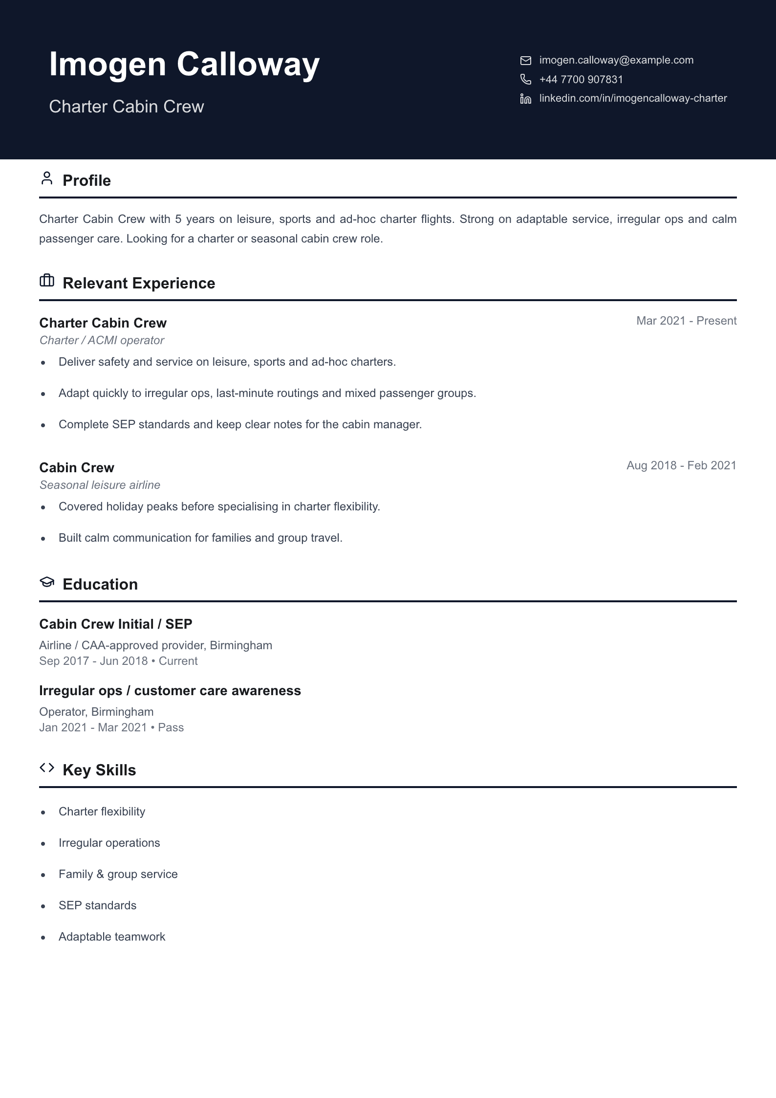 charter cabin crew CV template
