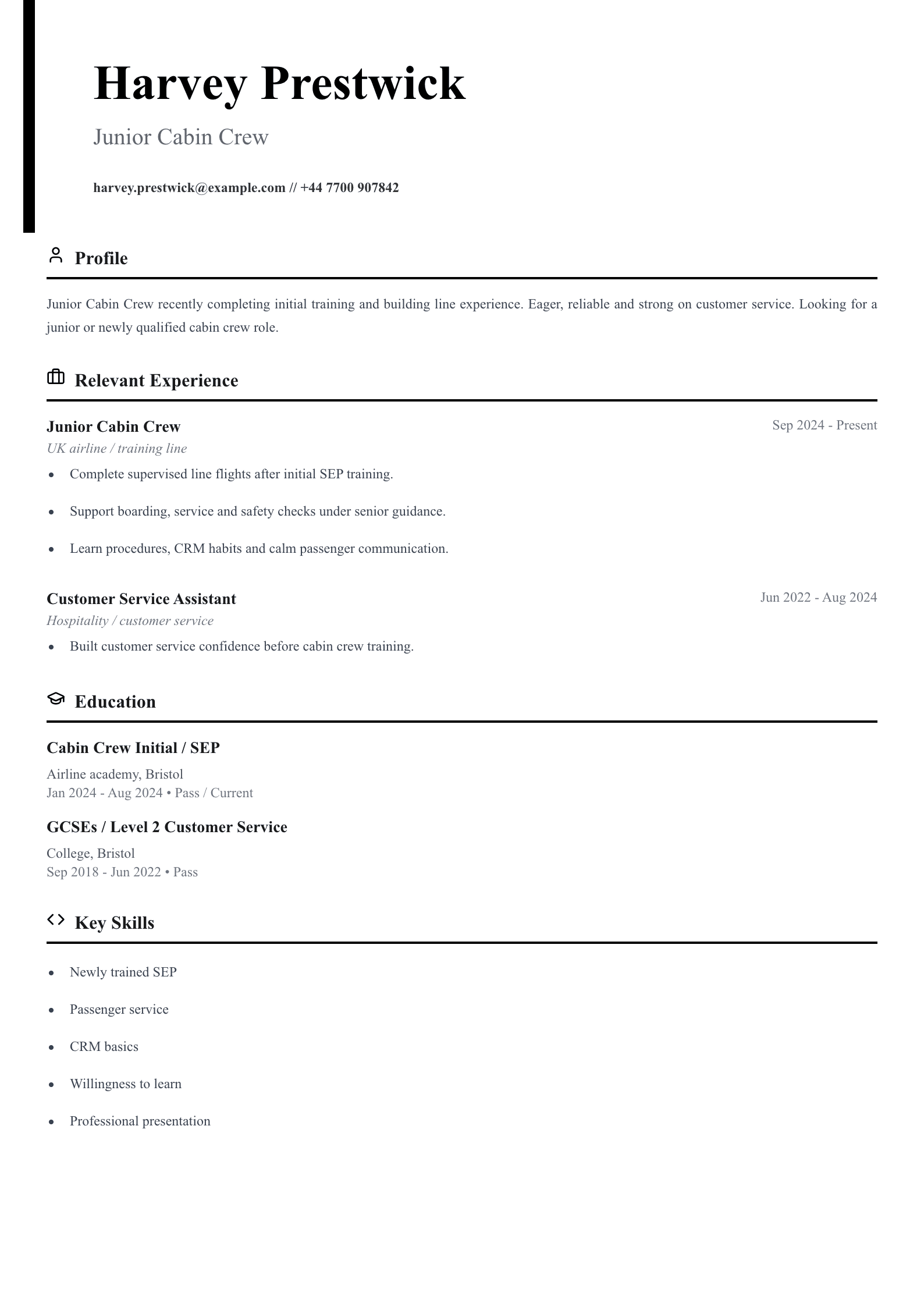 junior cabin crew CV template