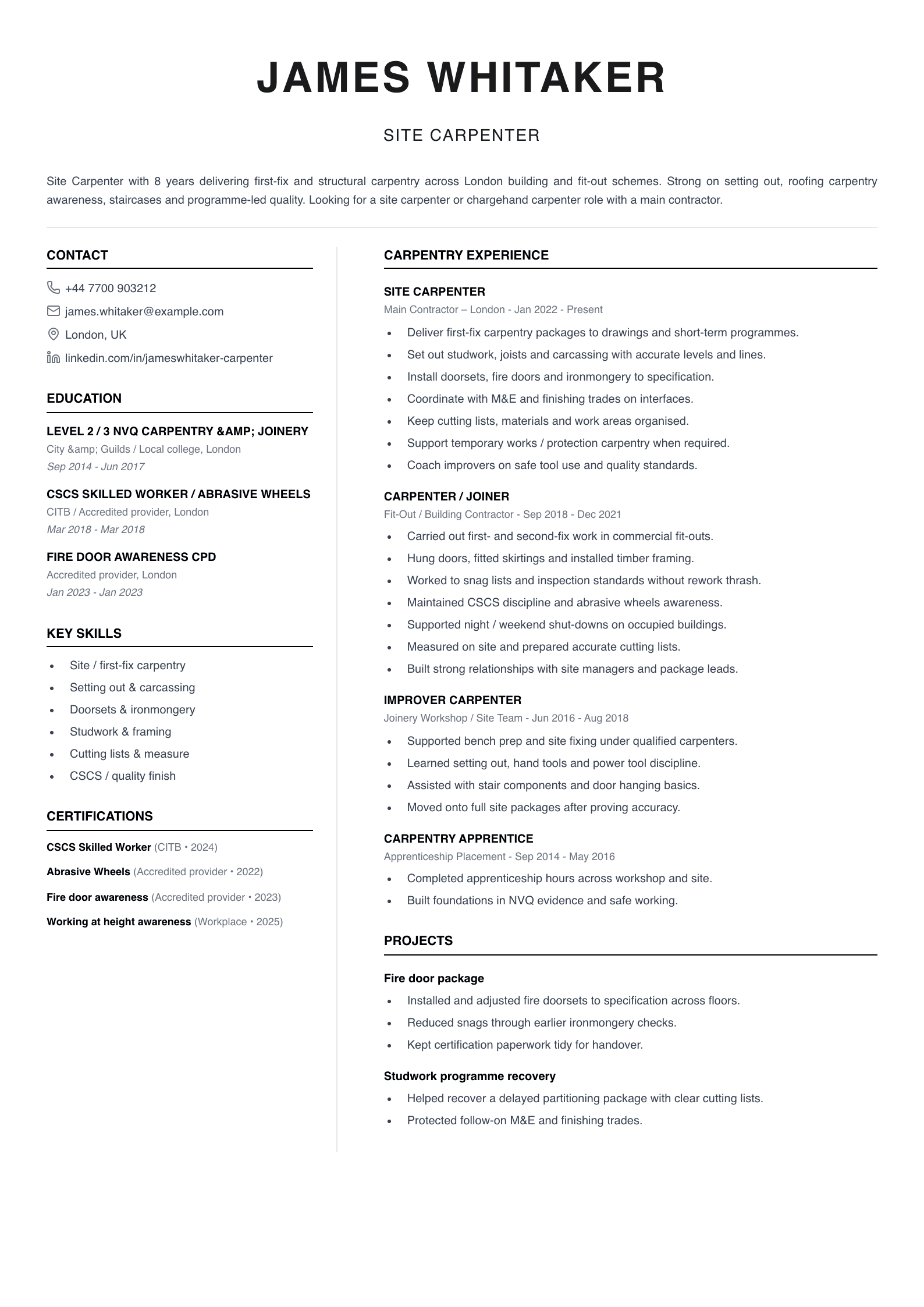 site carpenter CV template