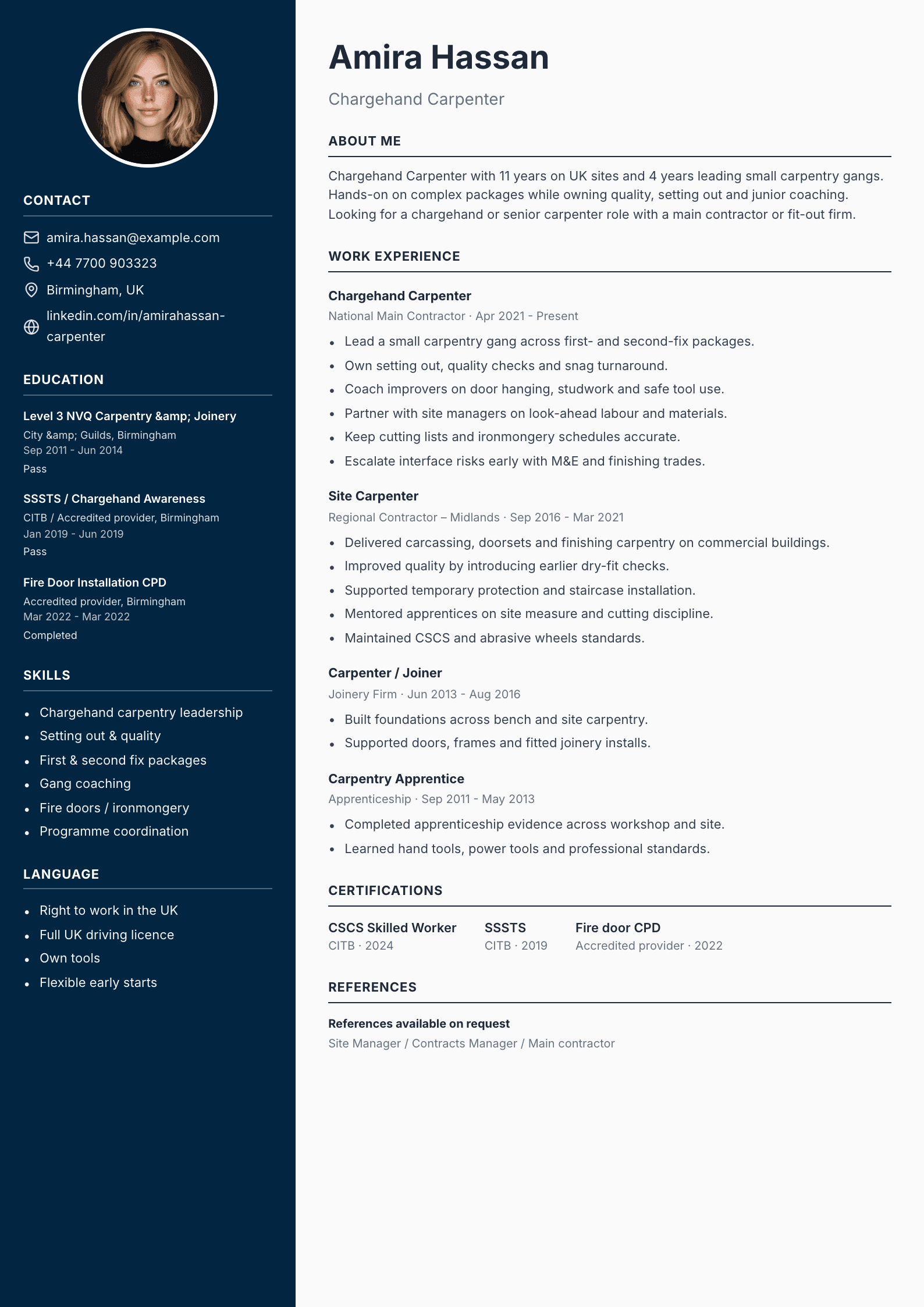 Chargehand carpenter CV template