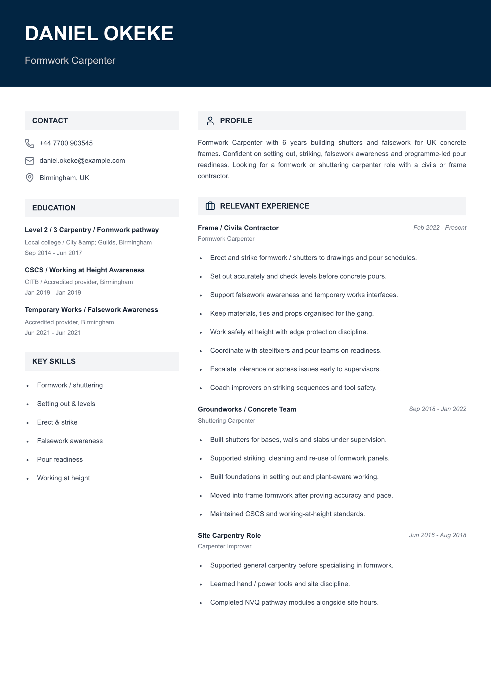 formwork carpenter CV template