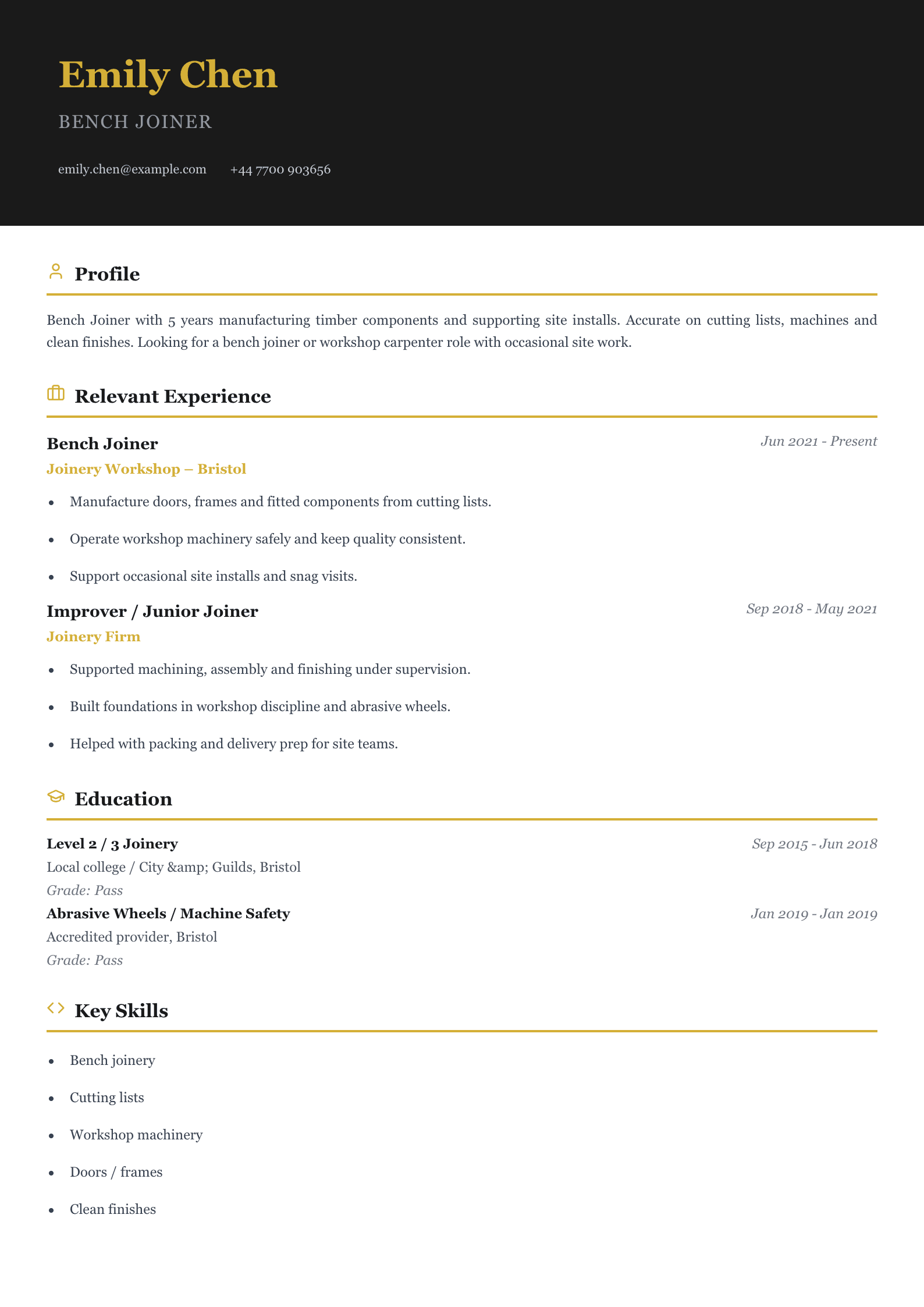 bench joiner CV template