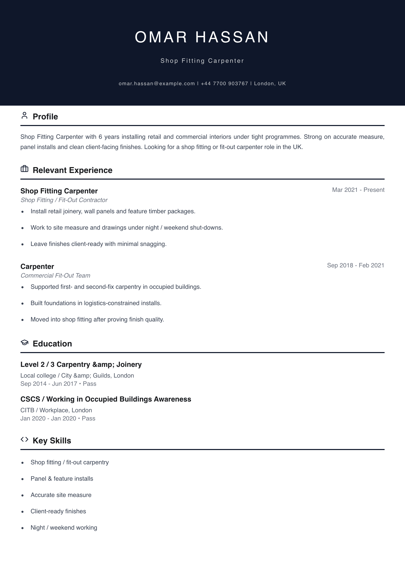 shop fitting carpenter CV template