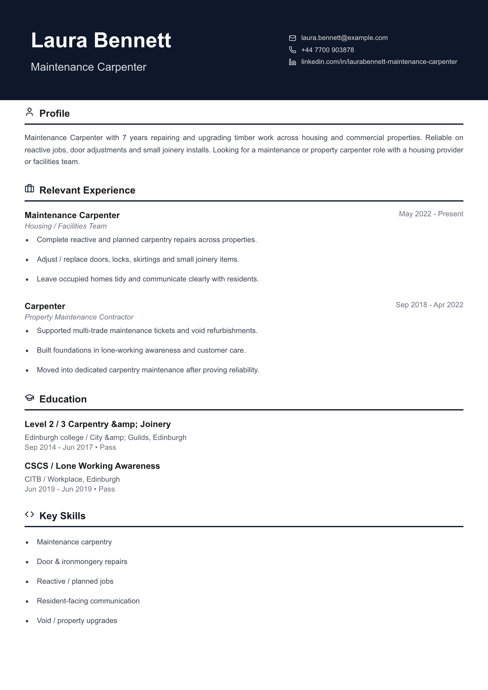 maintenance carpenter CV template