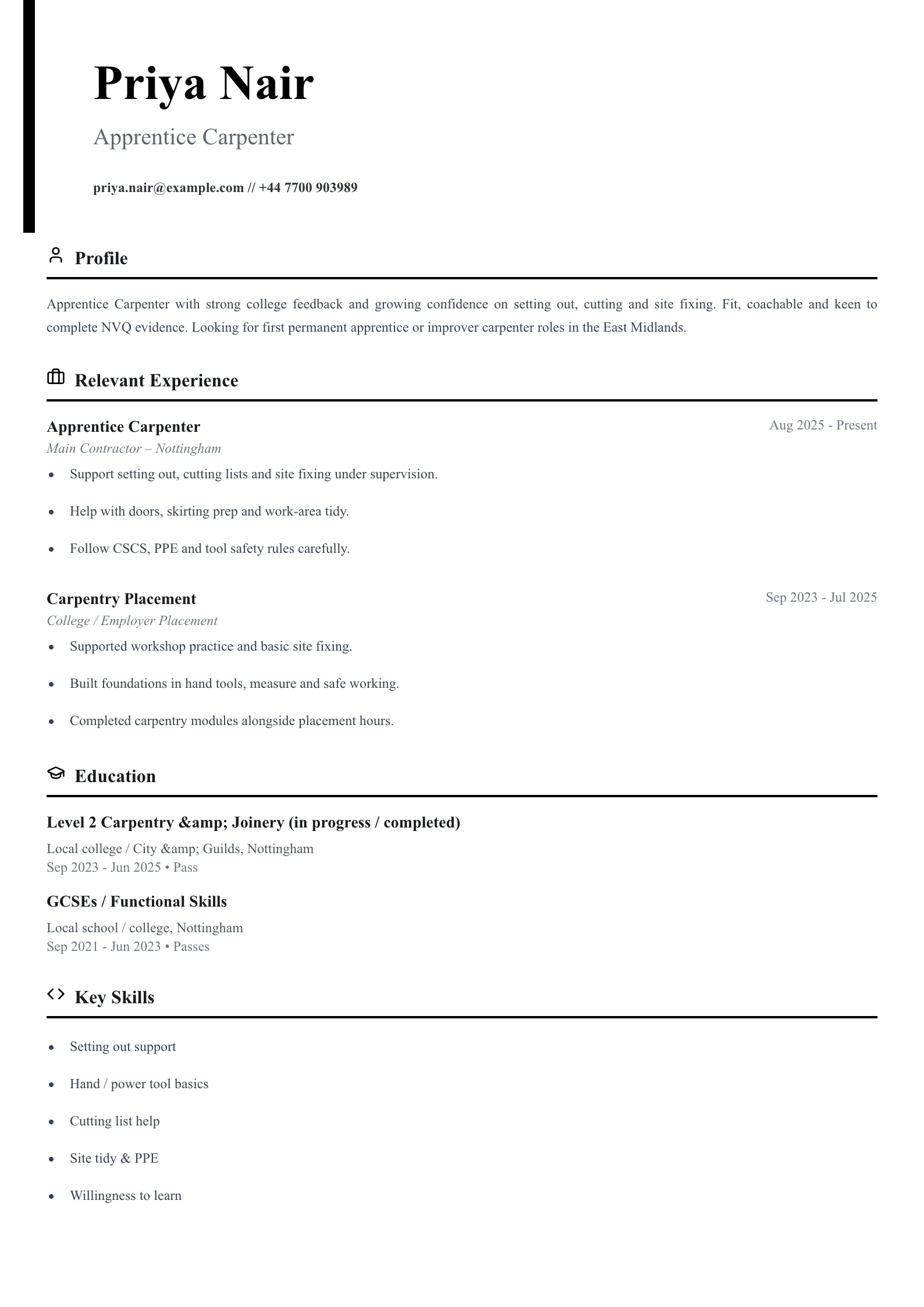 apprentice carpenter CV template