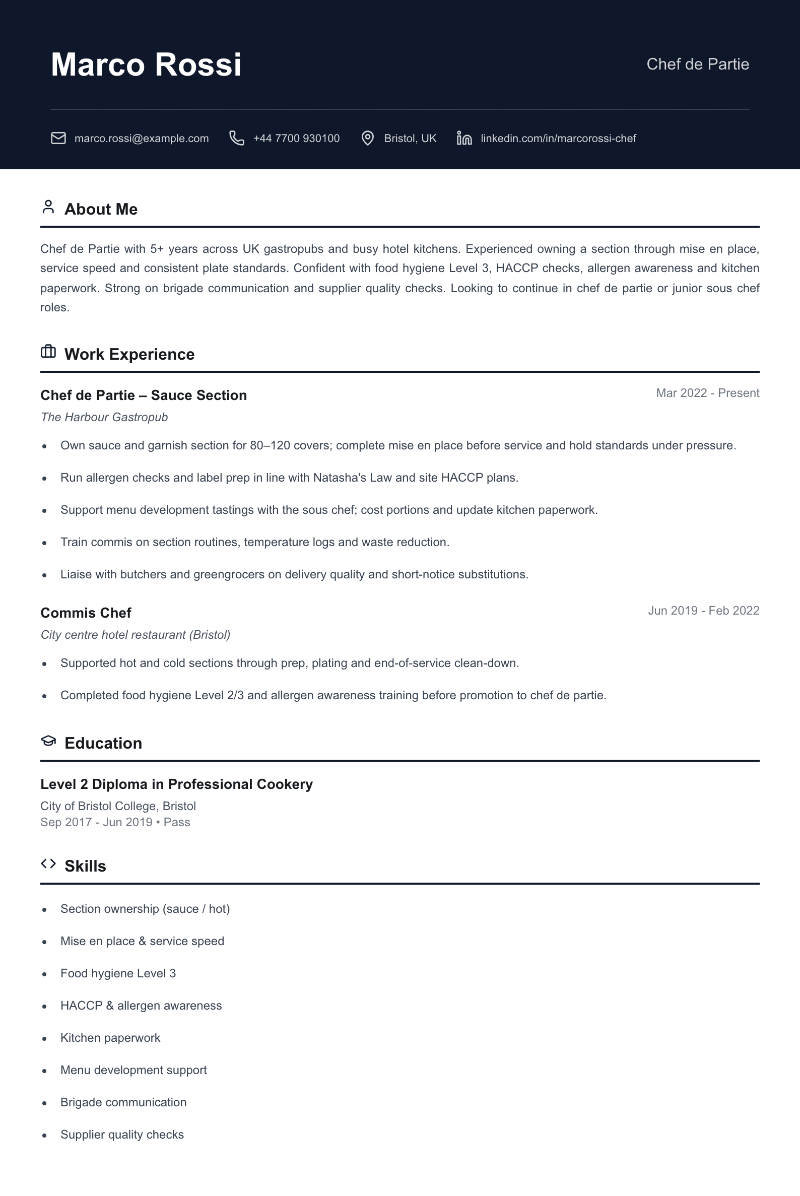 Chef de partie CV template