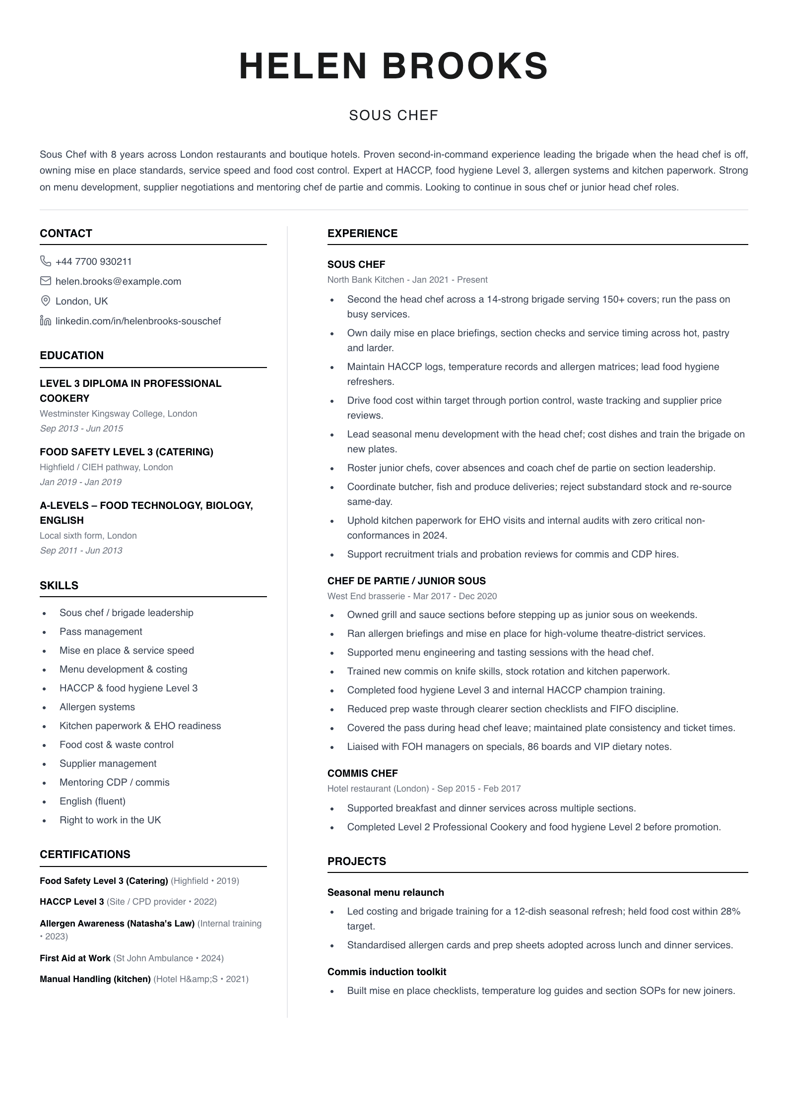 sous chef cv template