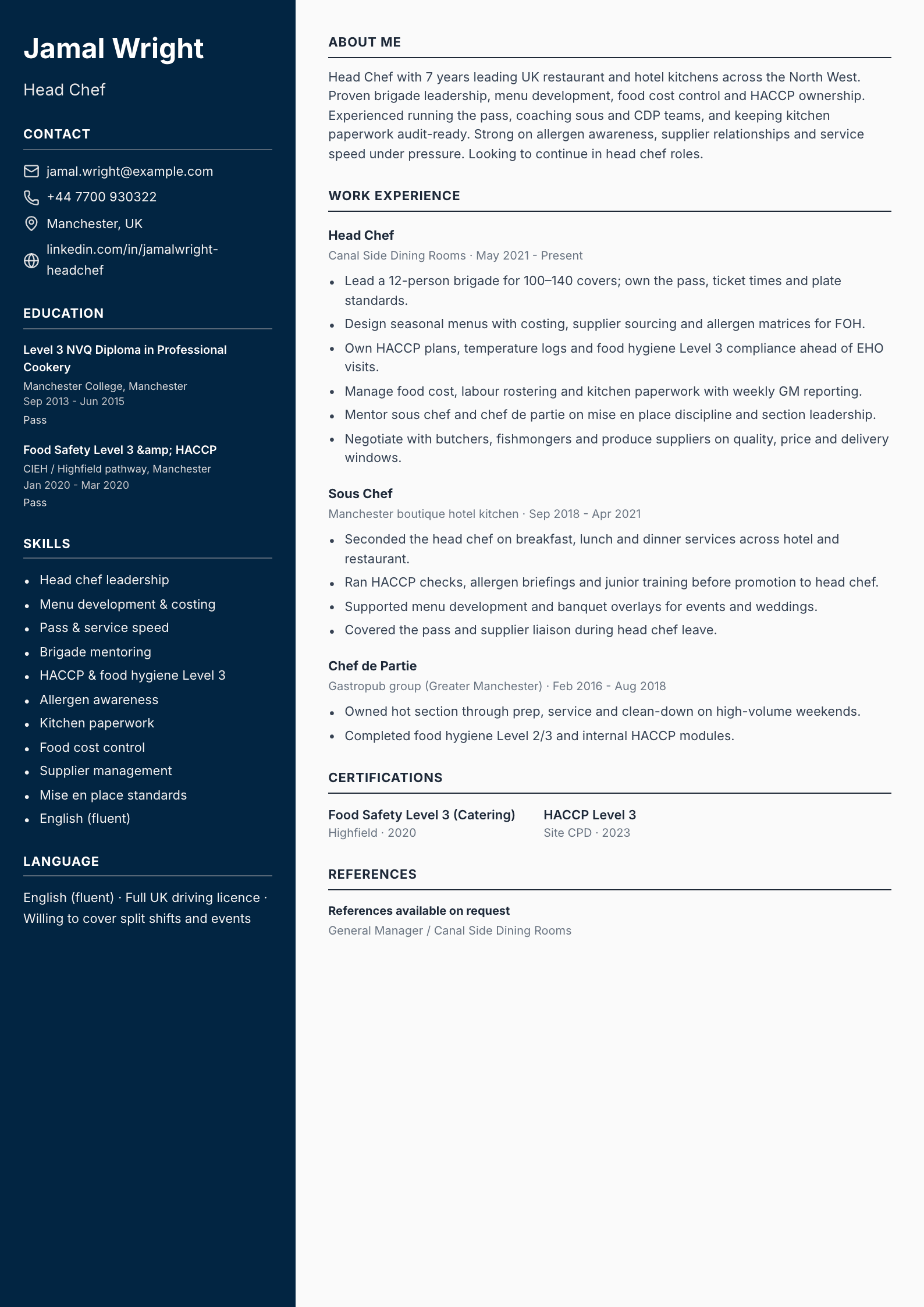 Head chef CV template