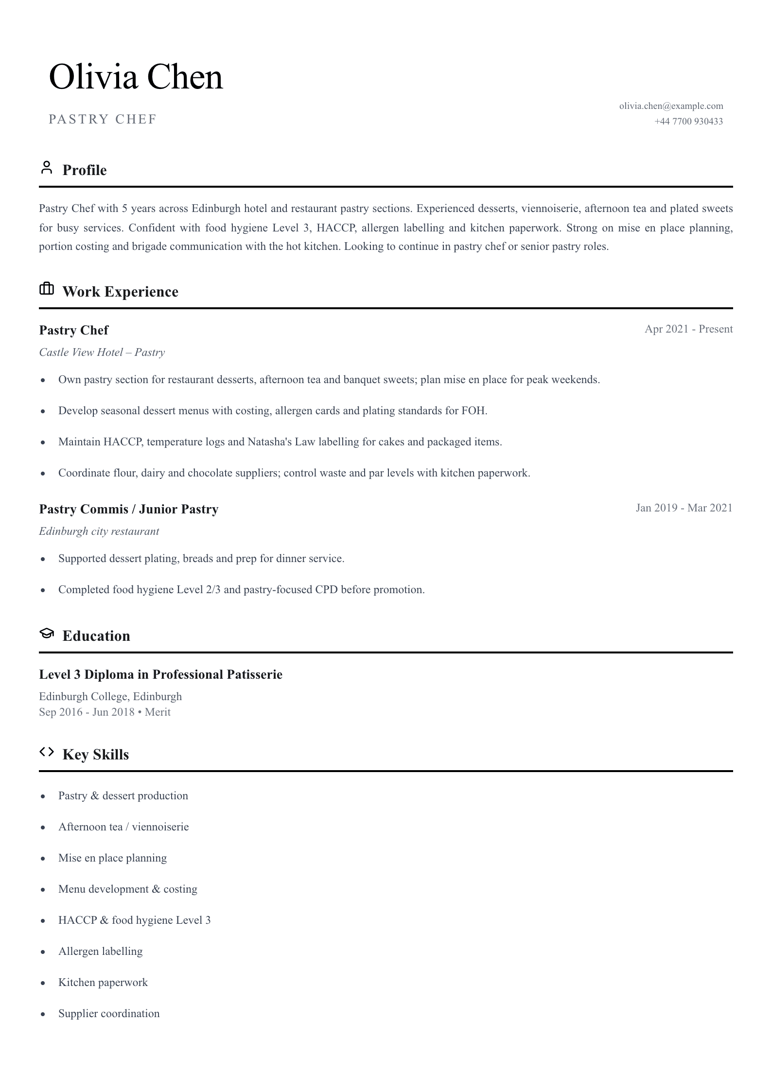 pastry chef cv template