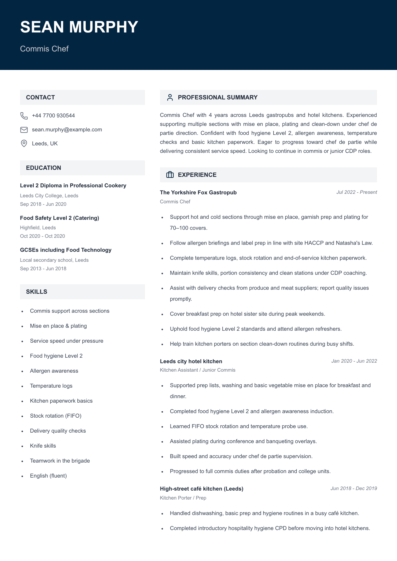Commis chef CV template