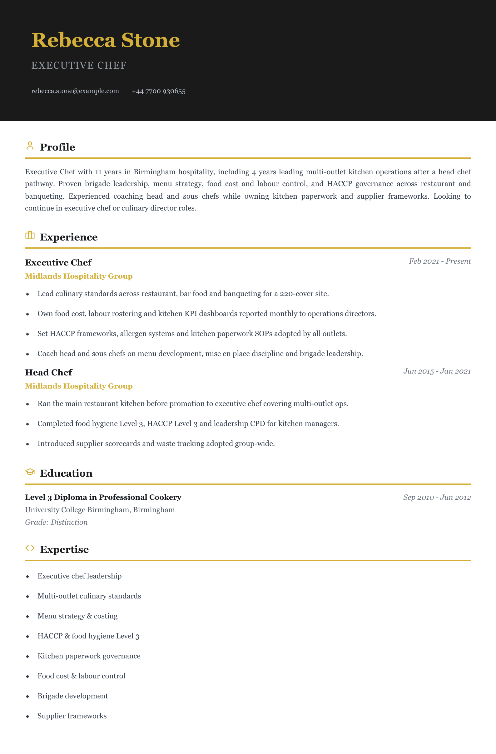 executive chef cv template