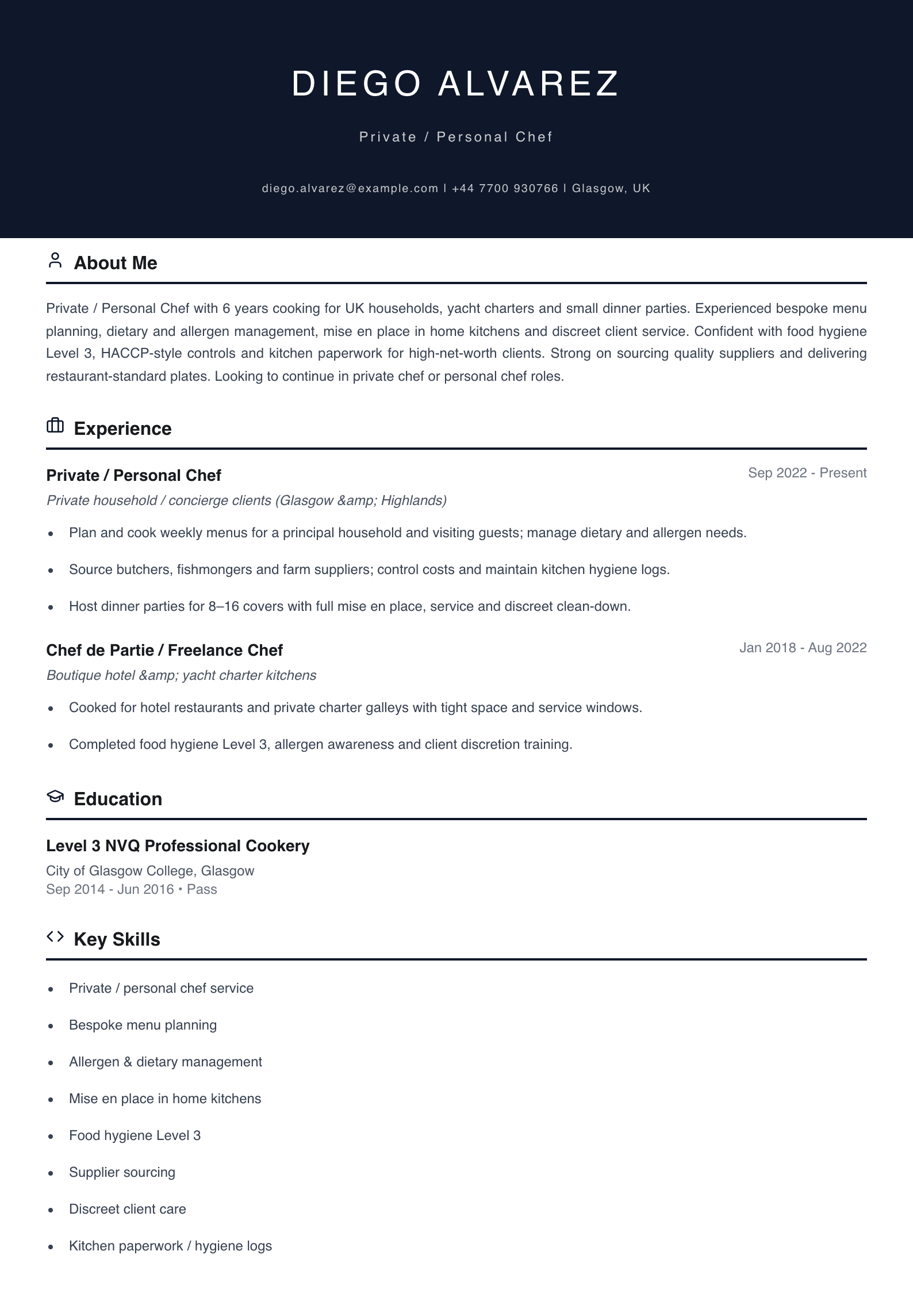 private personal chef cv template